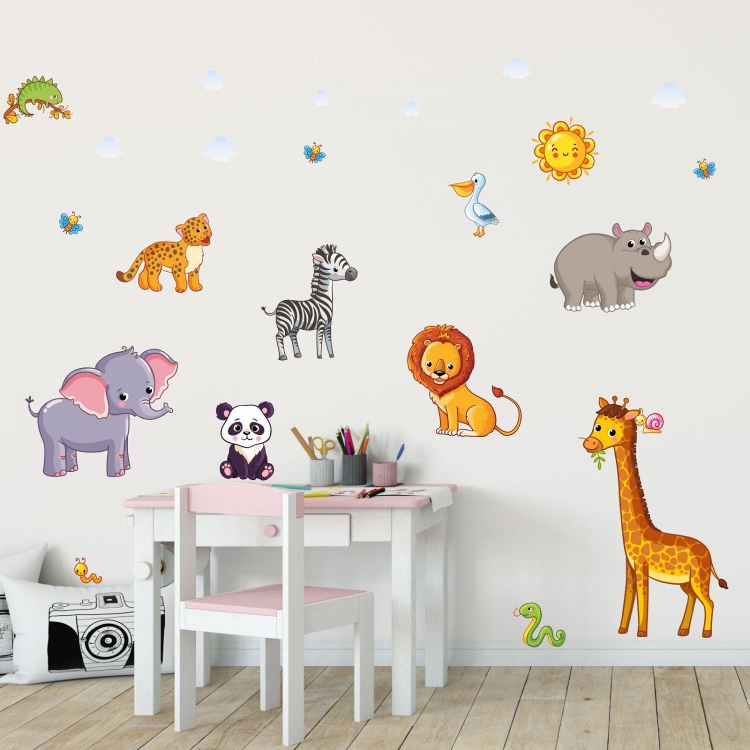 Nikima 080 - Adhesivo decorativo para pared de habitación infantil, diseño de elefante, león, jirafa, en 6 tamaños, para habitación infantil, pegatina y pegatinas, diseño de chica, tamaño 2000 x 1120