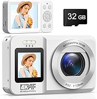 Vista 1 de Cámara digital, cámara de doble pantalla 4K 64MP UHD, zoom digital de 18X, cámara portátil de apuntar y disparar con tarjeta TF de 32 GB y batería