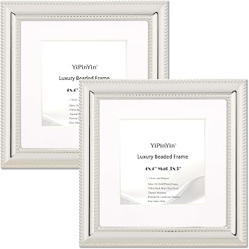 YiPinYin Classy Silver Plated 4x4 Picture Frame 2 Pack,Classic Beaded Photo Frame 4x4 Mat 3x3,Real Glass Front and Velvet Backing,Christmas presents and Treasured Memories