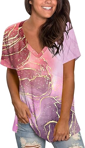 Womens T Shirts Plus Size Tops Fashion Ombre Summer Short Sleeve V Neck Tshirt Side Split Loose Tunic Basic Tee