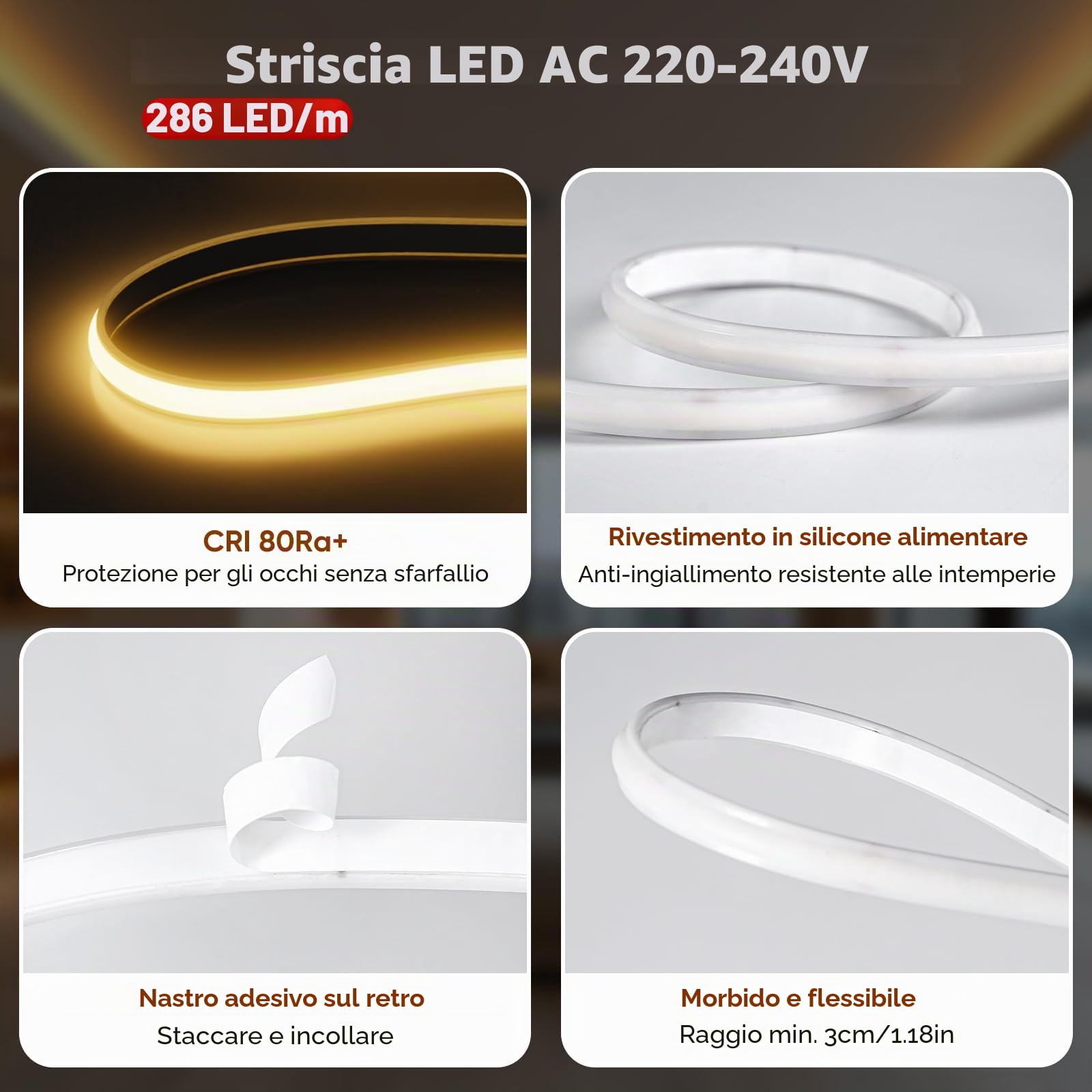 Shine Decor Striscia LED COB da 5 m, AC 220 V, 230 V, IP65, impermeabile, SMD2025, 286 LED/m, luminosità ultra alta, per cucina, giardino, illuminazione a LED (5 m, bianco neutro, certificazione CE)