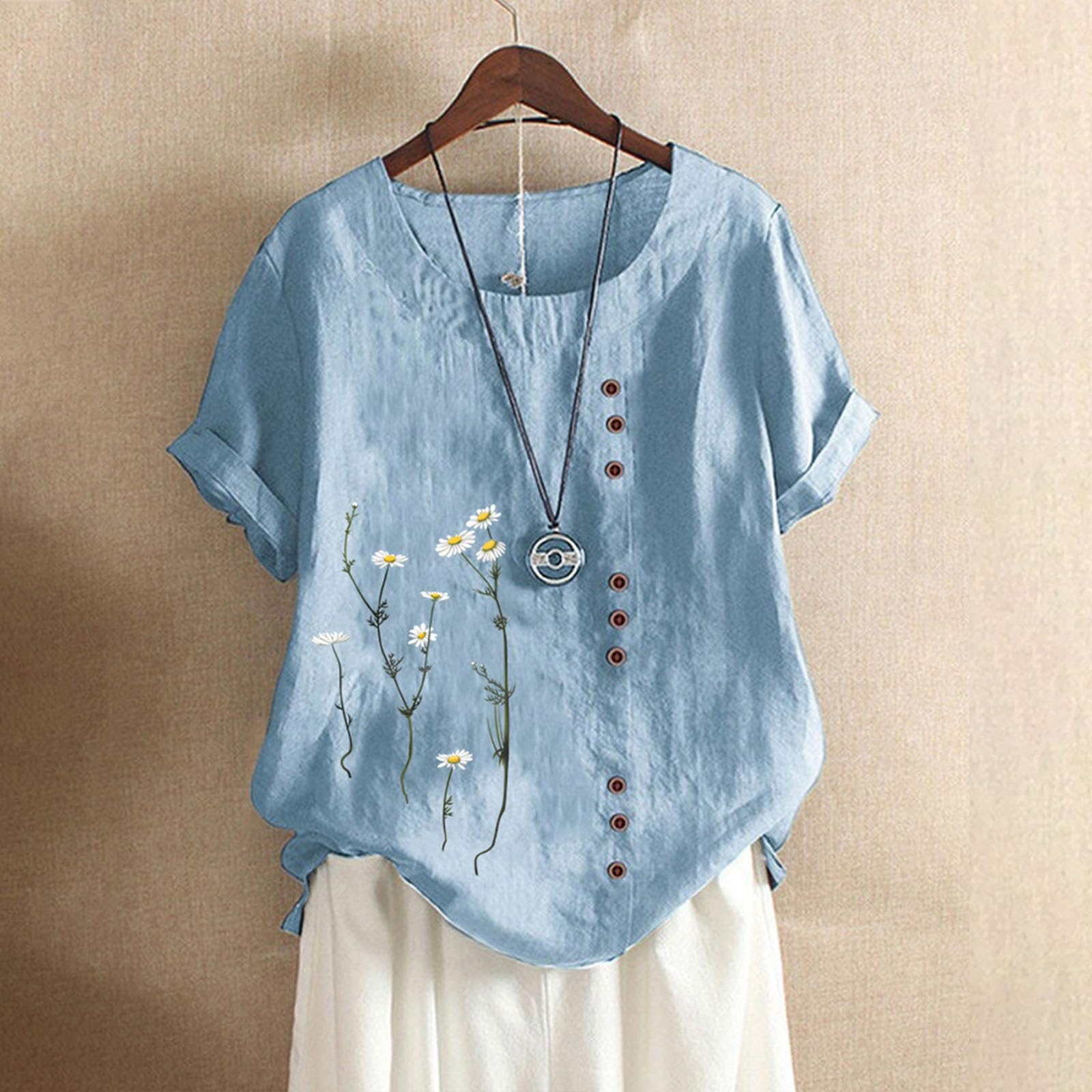 Lainuyoah Baggy Linen Button Up Shirts For Women Retro Embroidery/Printed Tees Cotton Linen Short Sleeve Summer Loose Blouse