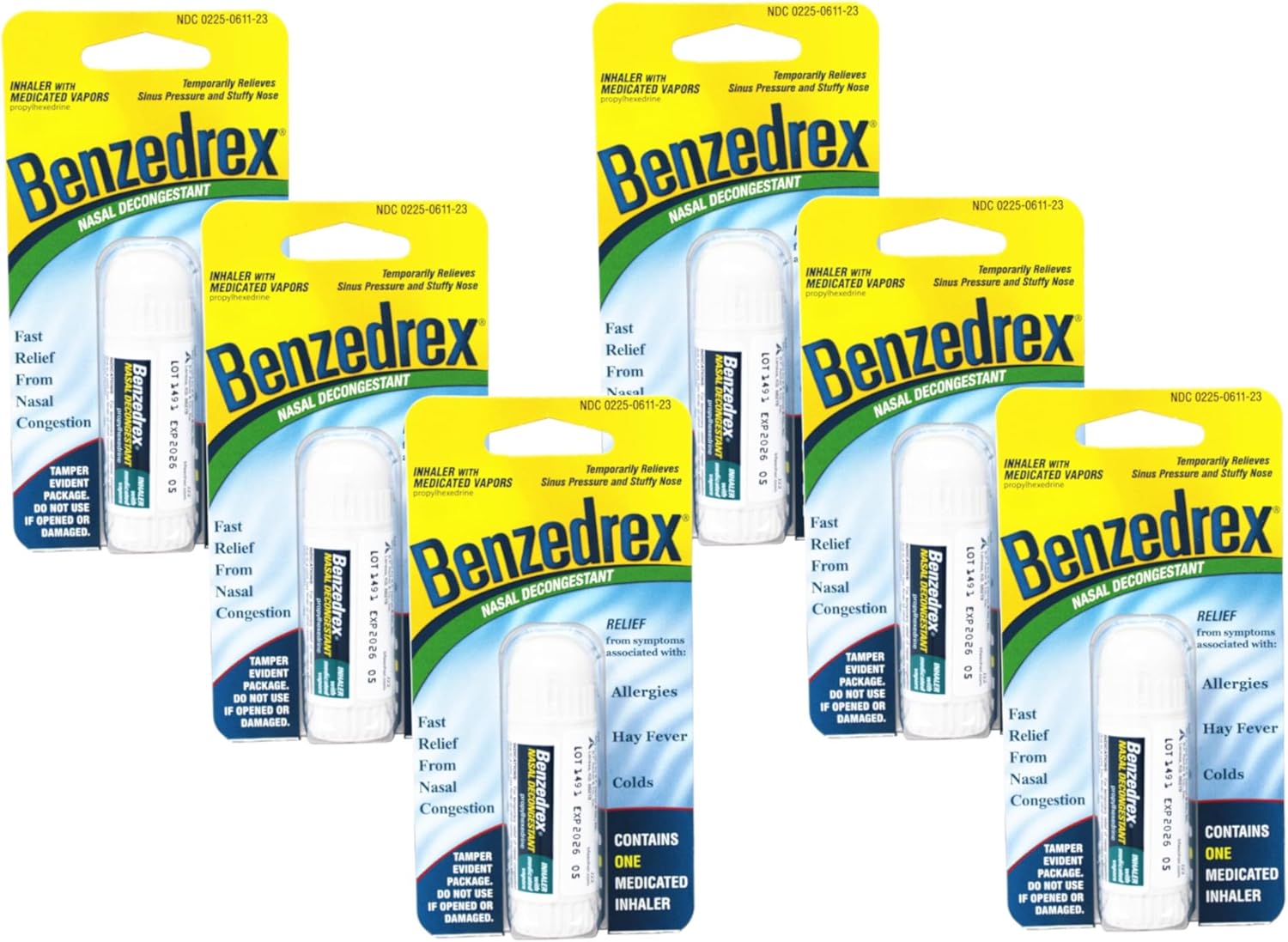 Benzedrex Inhaler Propylhexedrine Nasal Decongestant Pack of 6 - Fast Relief for Stuffy Nose, Allergies, Colds & Sinus Pressure