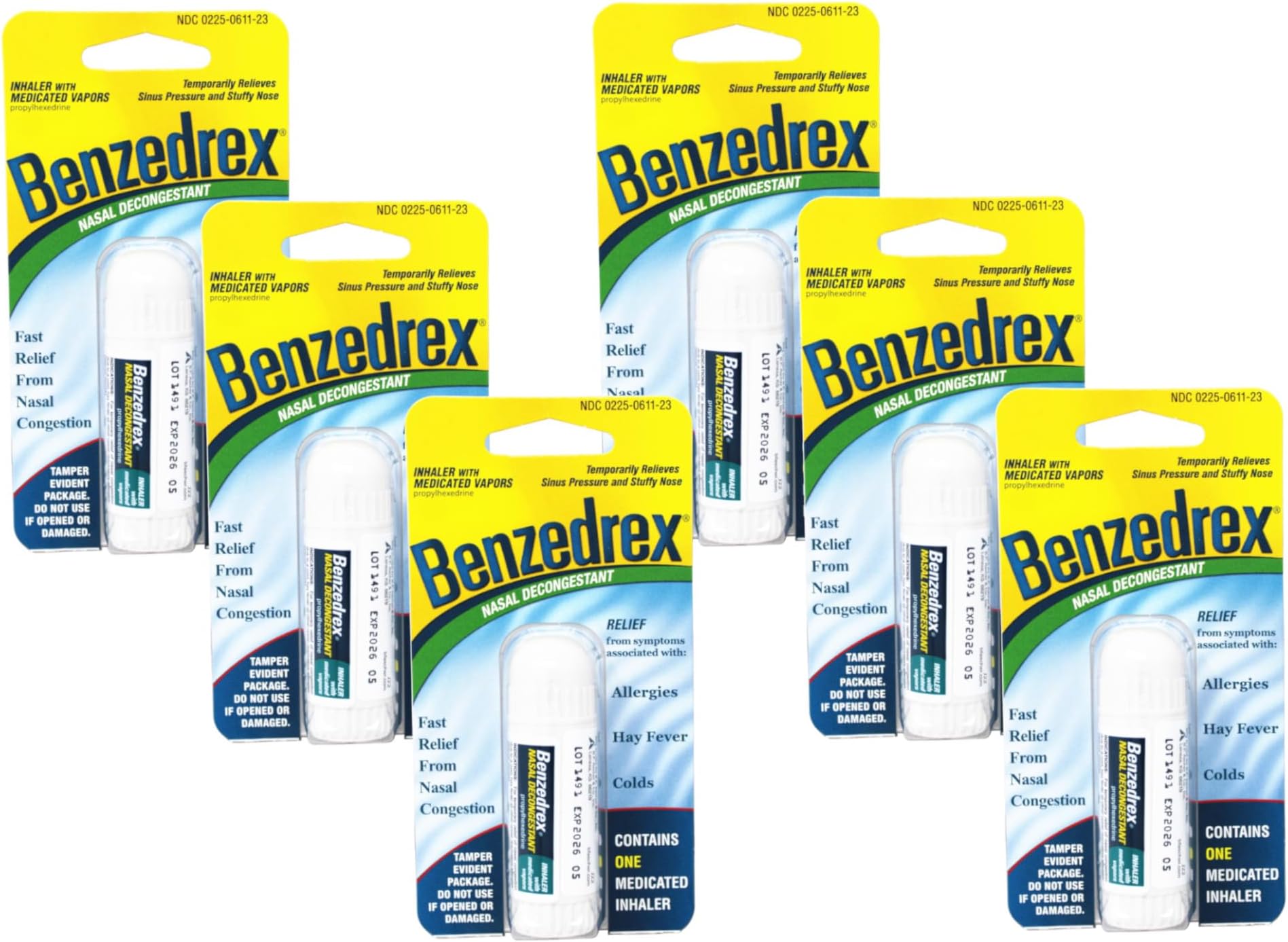 Benzedrex Nasal Decongestant Inhaler – Medicated Vapor Relief for Sinus Pressure, Nasal Congestion, Allergies, Hay Fever & Colds (Pack of 6)