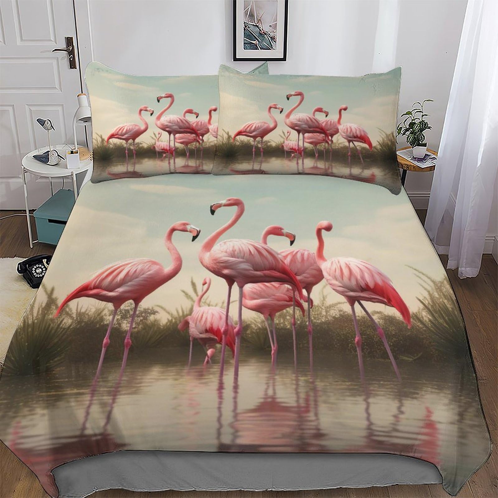 Housse de couette flamant rose 3D 200x200 parure de lit microfibre
