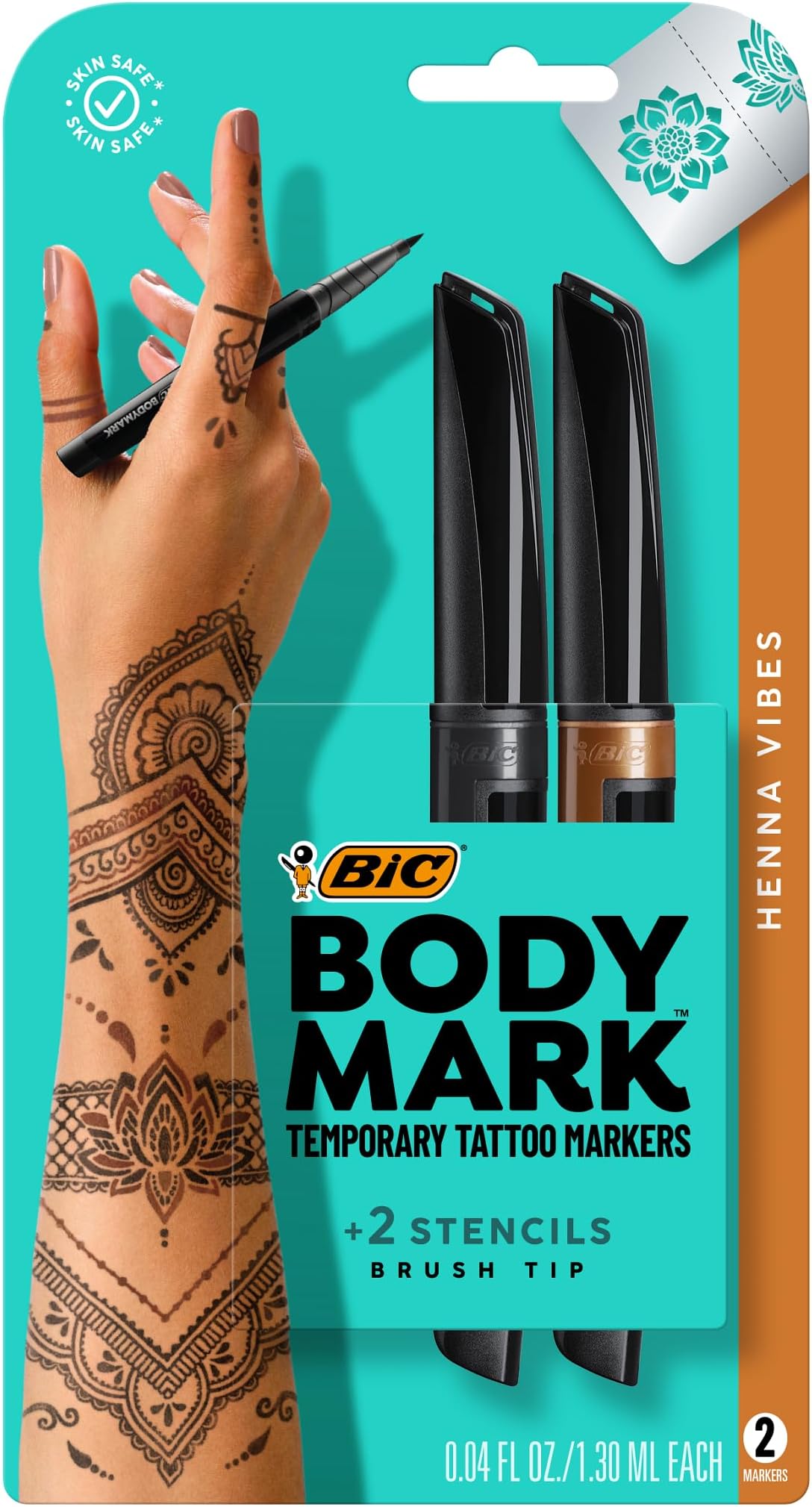 BIC BodyMark Temporary Tattoo Markers for Skin, Henna Vibes, Flexible Brush Tip, 3-Count Pack of Assorted Colors, Skin-Safe*, Cosmetic Quality