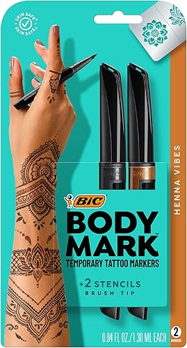 BIC BodyMark - Marcadores temporales de tatuaje para piel, vibraciones de henna, punta de pincel flexible, paquete de 3 unidades de colores