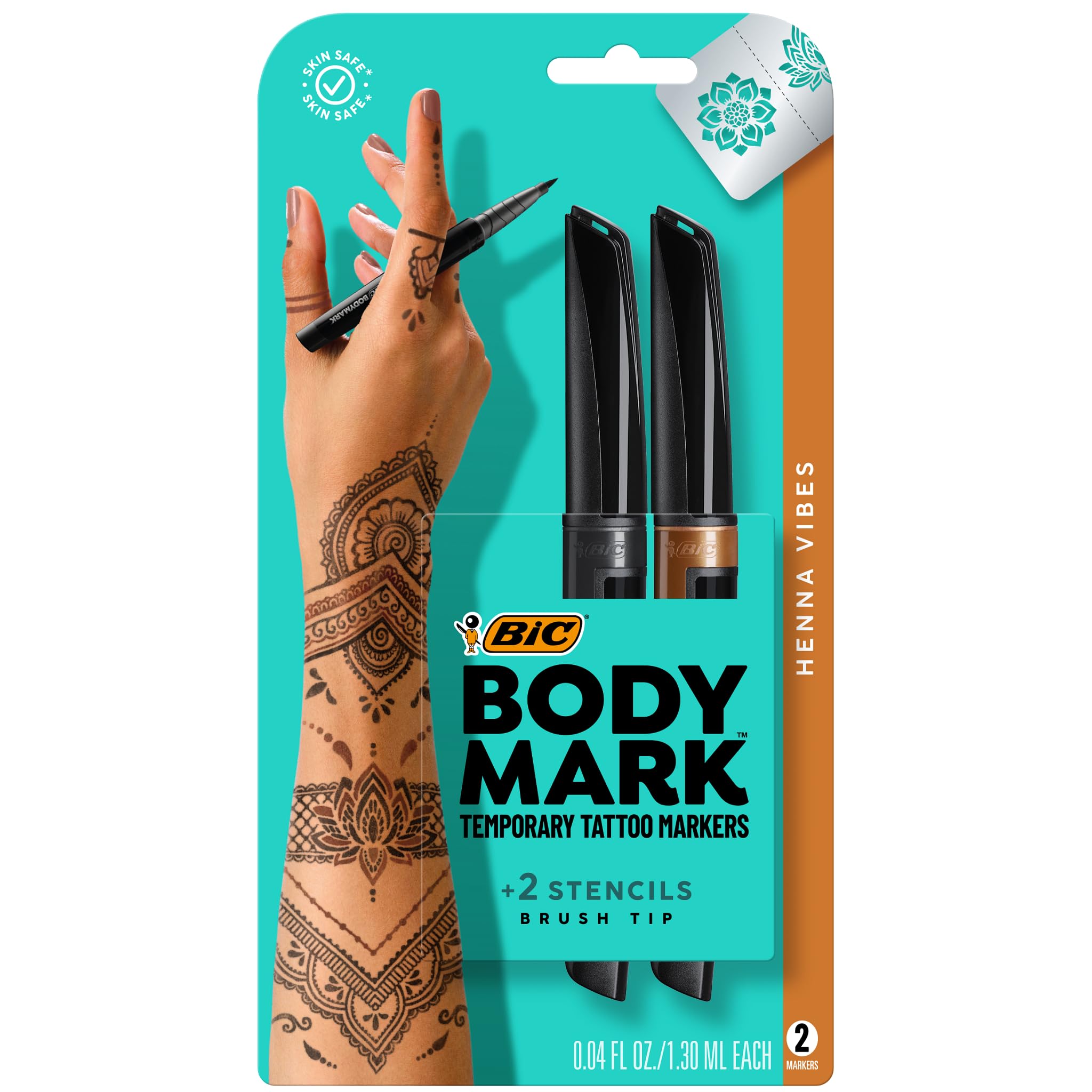 BICBodyMark Temporary Tattoo Markers for Skin, Henna Vibes, Flexible Brush Tip, 3-Count Pack of Assorted Colors, Skin-Safe*, Cosmetic Quality
