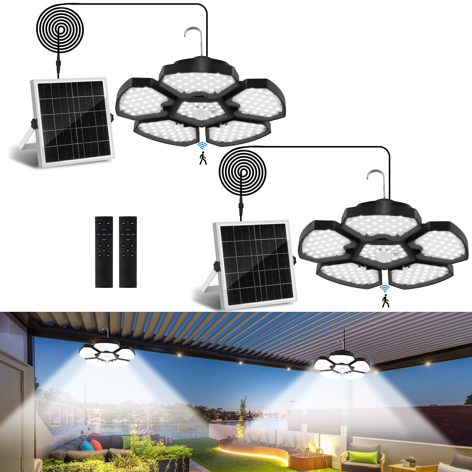 Confezione da 2 luci solari per capannone con sensore di movimento, luci per interni con telecomando, 156 LED più luminosi, 5+1 foglie, giorno o notte, impermeabile IP65, per giardino, patio, balcone