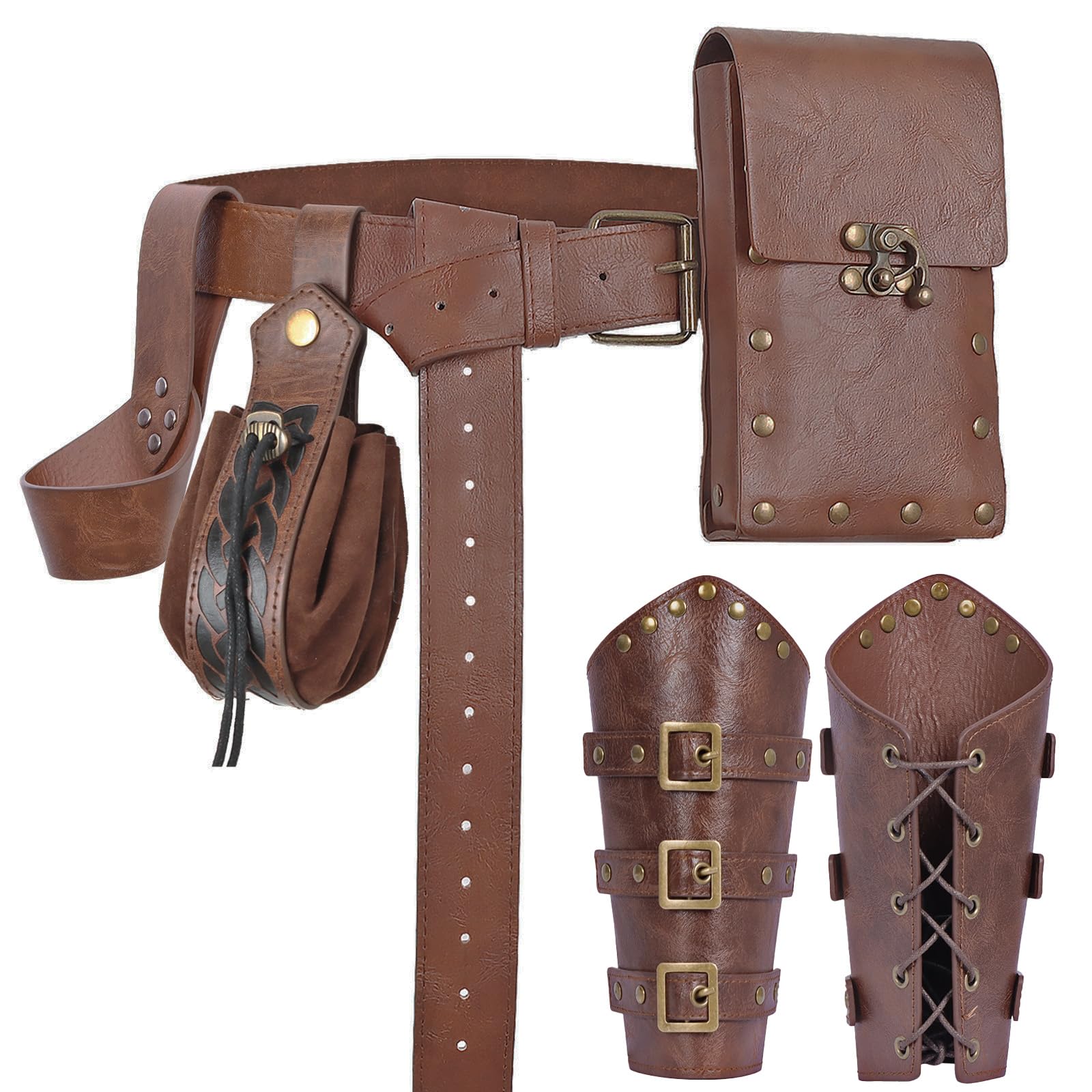 Renaissance Belt Pouch Set​​ Medieval Viking Pirate Leather Belt Pouch​​ &amp; Bracers, Festival Accessories for Halloween (Brown-Sword)