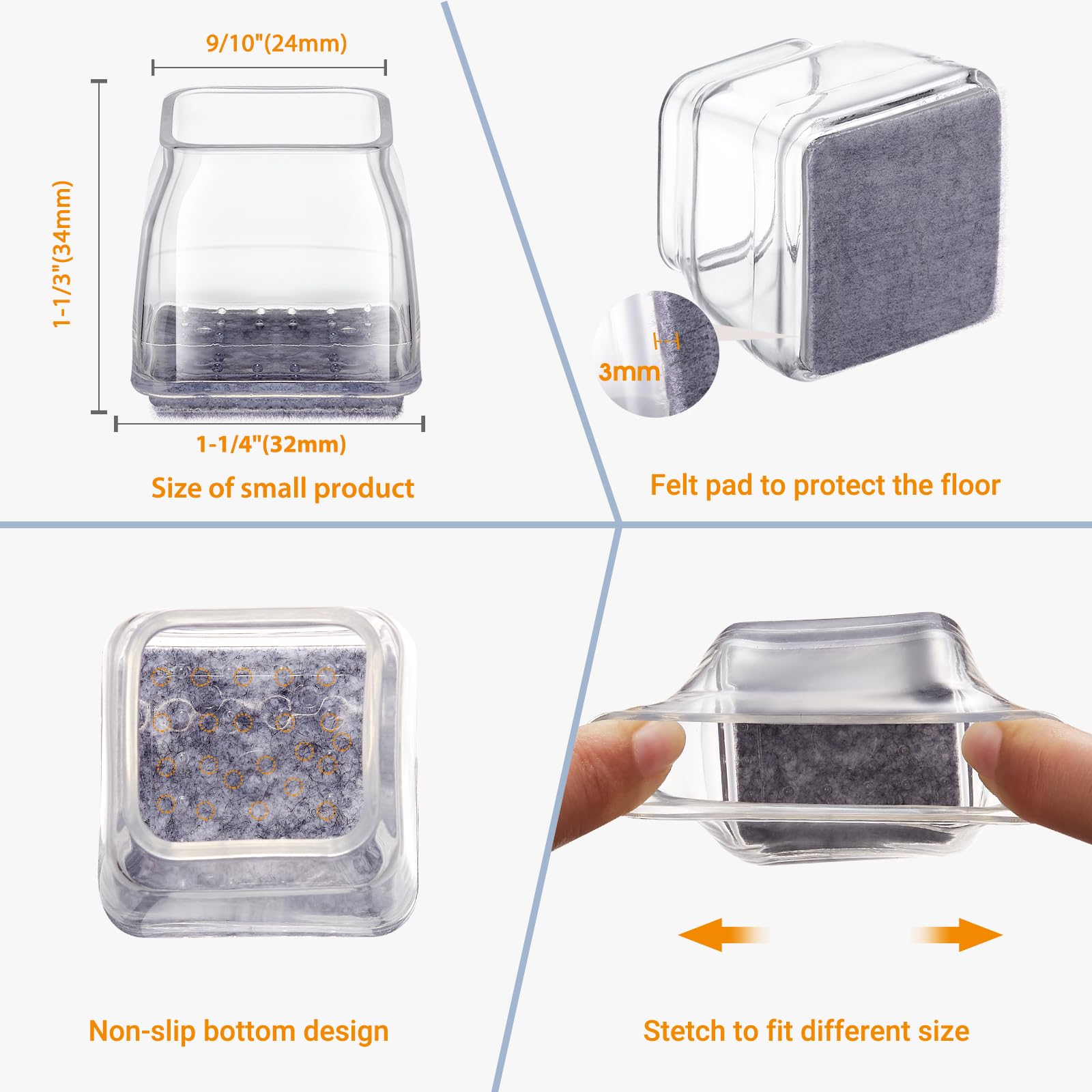 Quadratische Stuhlbein-Bodenschoner, hochelastische Filz-Möbel-Pads für Hartholzböden, Silikon-Bodenschoner für Stühle, Stuhlbeinkappen, Abdeckungen, Socken, transparent, klein, 36 Stück