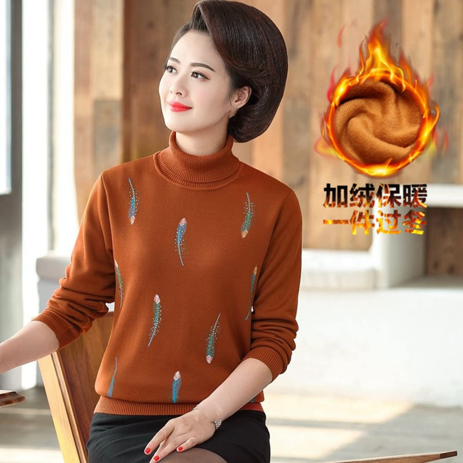 Suéter De Invierno para Mujer - Moda Damas De Mediana Edad Más Suéter Grueso De Terciopelo Otoño E Invierno Tejido Cálido Moda Marrón Estampado De Plumas Madre Suelta Jersey De Cuello Alto Re