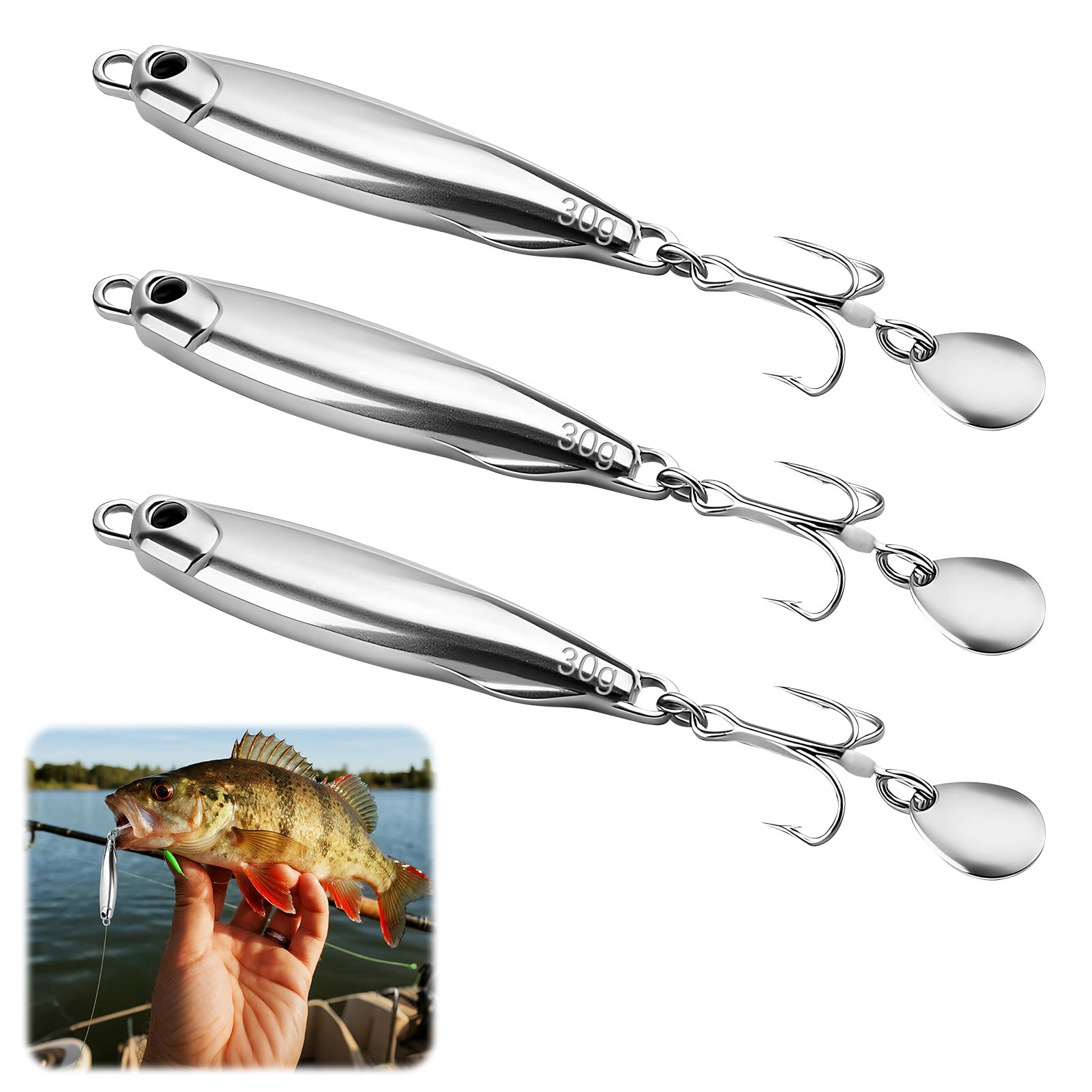 3 PCS Metal Silver Sea Fishing Lures, Treble Hooks Casting Spinners Metal Jigs, Featuring Bright Vibrations, Sea Fishing Lures for Mackerel, Bass, Cod & Pike
