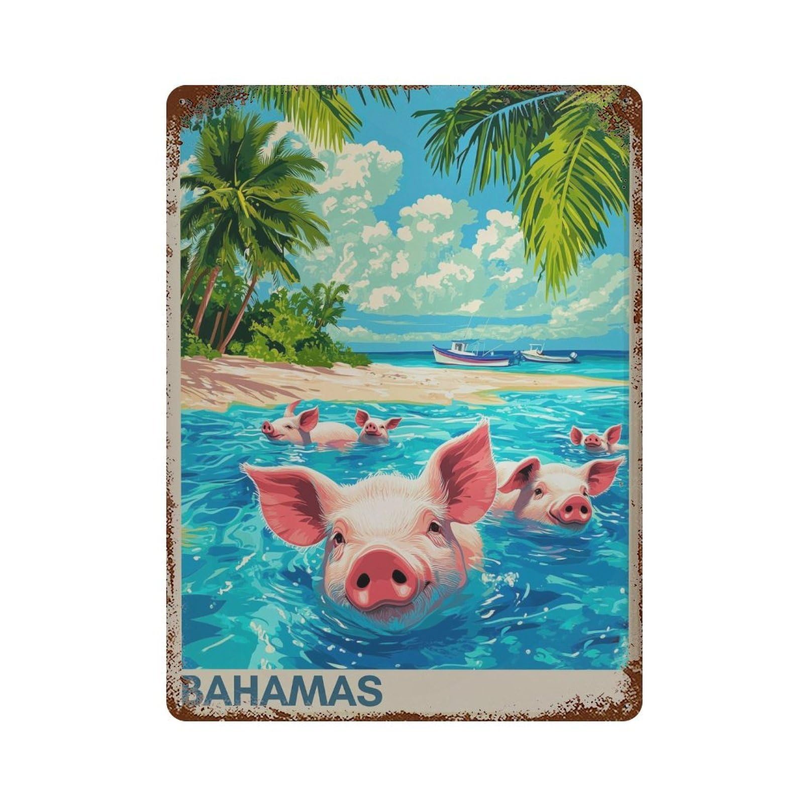 xiaoxiaoshen Bahamas Travel Swimming Pigs Caribbean Wall Decor Art Metal Tin Poster Modern Home Decor Art Home Bar Shop Decorations Vintage Sign 40x30cm