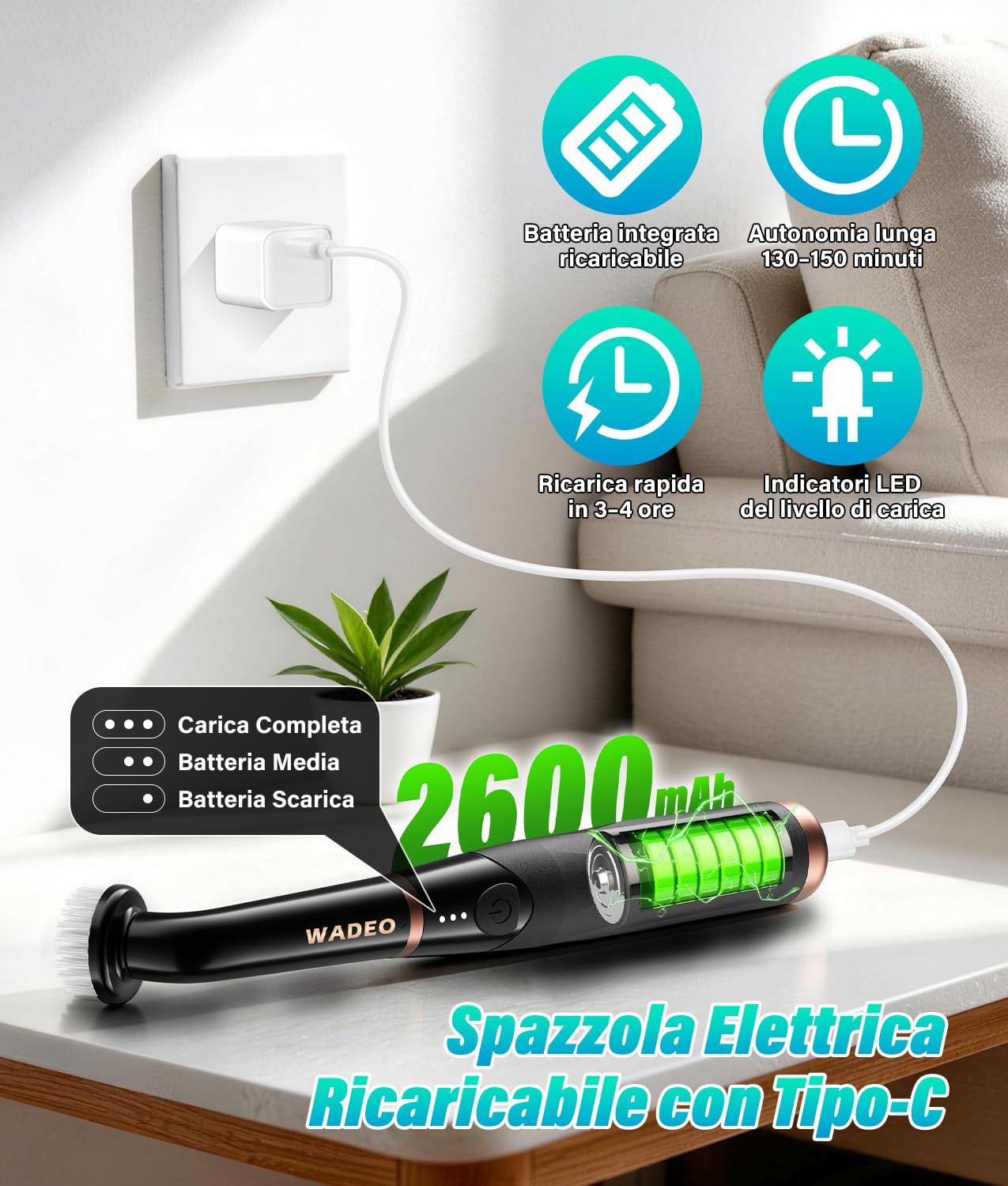 WADEO Piccola Spazzola Ricaricabile per Crepe e Piastrelle, [2600mAh] [11 Testine] 3 Velocità, IPX7 Impermeabile, Spazzola Elettrica per Bagno, Cucina, Lavandino, Vasca, Pavimento