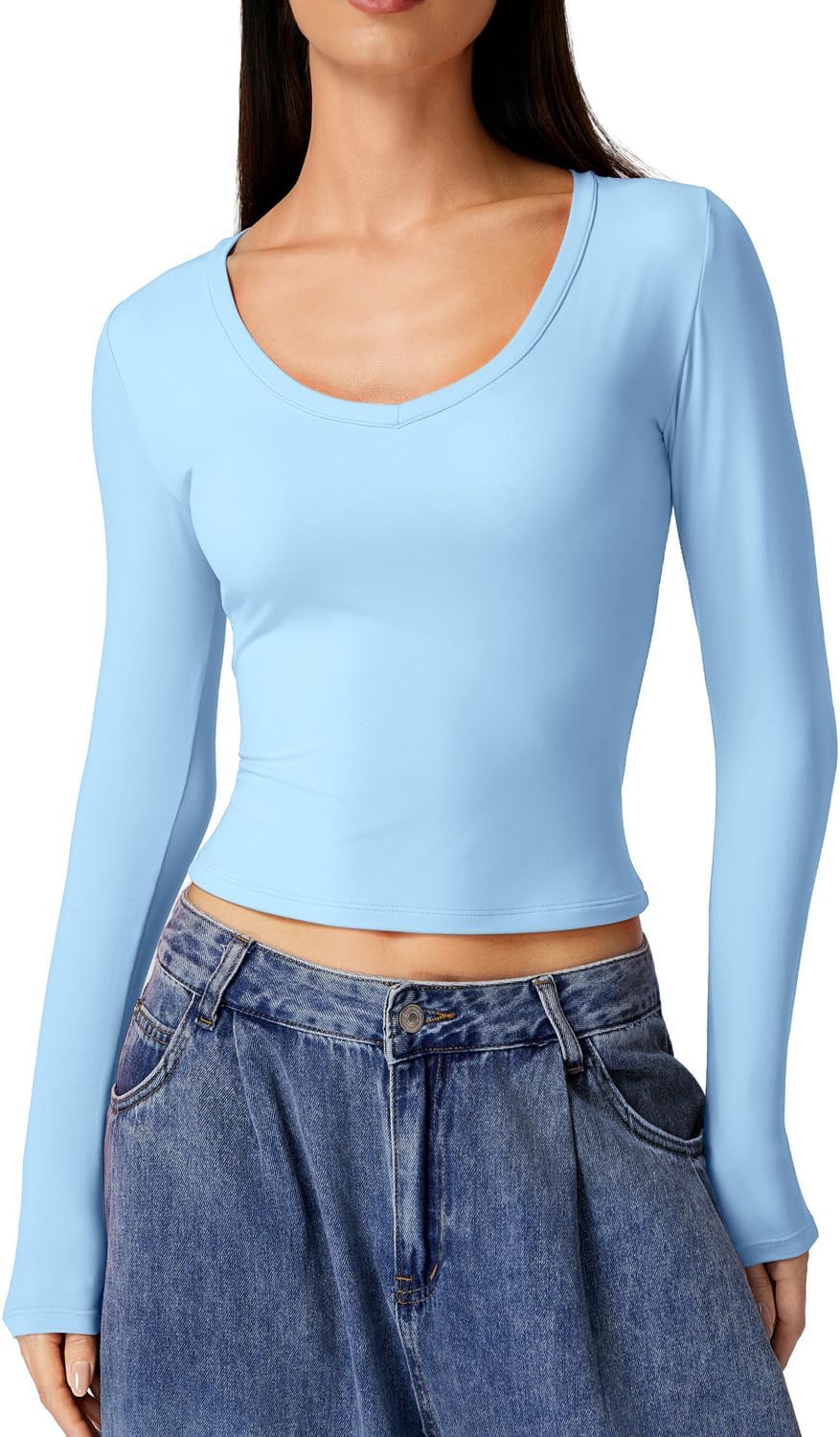 QINSEN Women Double Lined Fitted Basic T Shirts V Neck Long Sleeve Crop Top