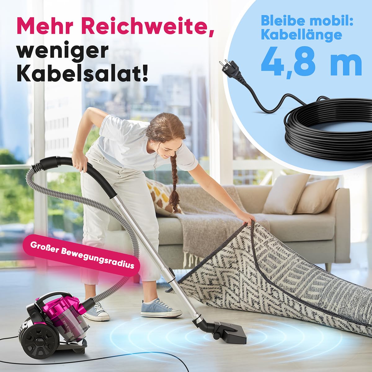 Proficare, Aspirapolvere senza sacco, 700W Rosa PC-BS3134-Rosa, Filtrazione HEPA, Tubo Telescopico, Spazzola Combinata, Risparmio Energetico, Carica Automatica, Ideale per Tutti i Tipi di Superfici