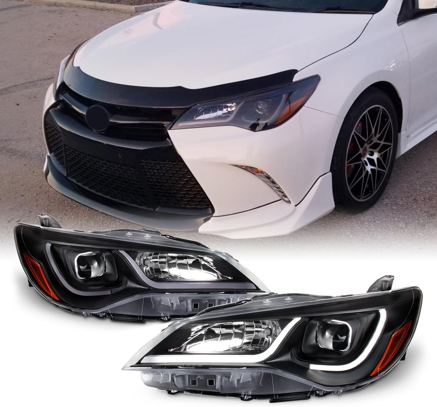 AKKON - For 2015-2017 Toyota Camry LED Light Tube DRL Projector Pair Headlights - Pair Black Housing