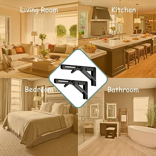 Miniatura 7 de Soportes de estante plegables, soporte plegable resistente, soporte en L negro para banco de trabajo, bisagra de mesa plegable, paquete de 2