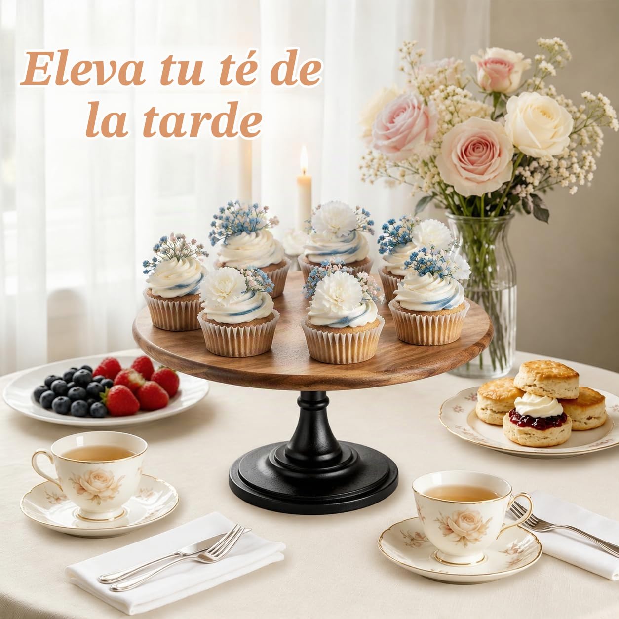 Nuptio Soporte Tartas Madera Negro: 29cm de Diámetro Soportes rústicos Tartas Pedestal, Soporte Redondo Madera Tartas de Boda Alto para Cupcakes Pasteles de Té de la Tarde Baby Shower