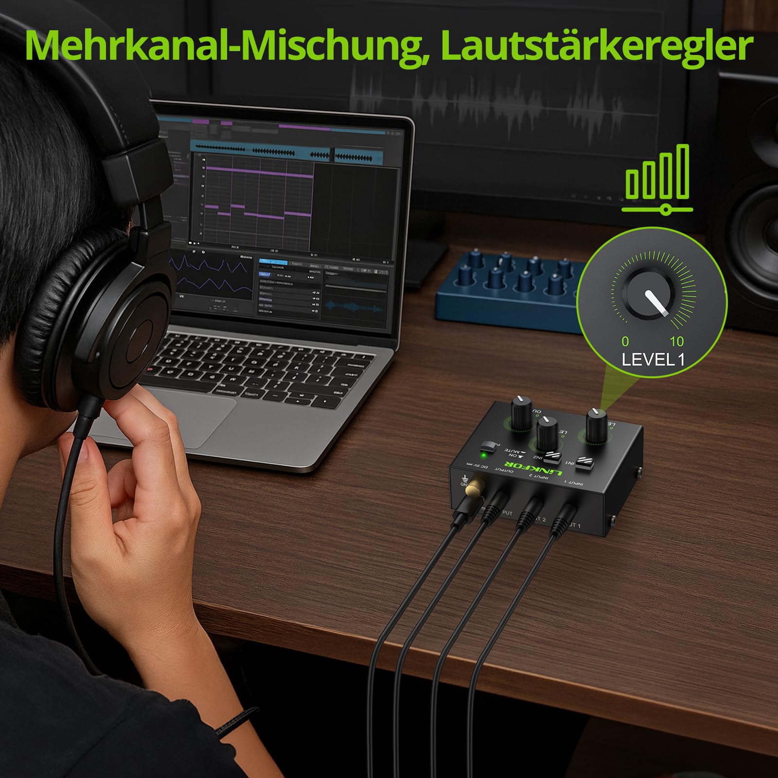 LiNKFOR Mini Audio Mixer Activemischer Mischpult 2 Kanal Stereo Audiomischer mit 1 Ausgang 3.5mm Audiomischpult Netzteil Geräuscharm, Unabhängige Lautstärkeregelung für Laptop,Mac,TV,Spielkonsole