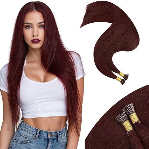 Moresoo Extensiones de cabello humano con punta en I Tip, extensiones de cabello humano real color rojo vino, Itip para boda, 0.03 ozS 50S, 18