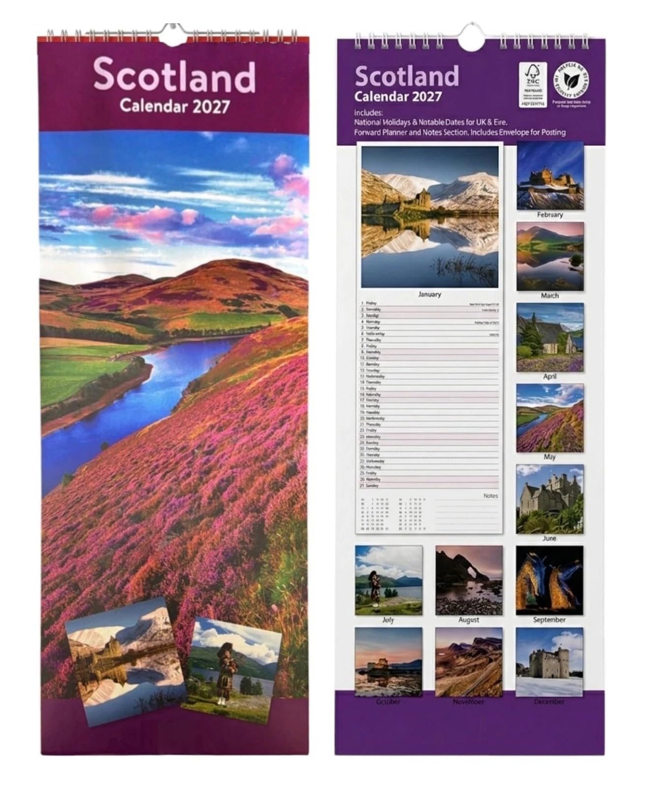 2027 Super Slim Month to View Spiral Bound Hanging Wall Calendar Home Office (Scotland) โ image 1