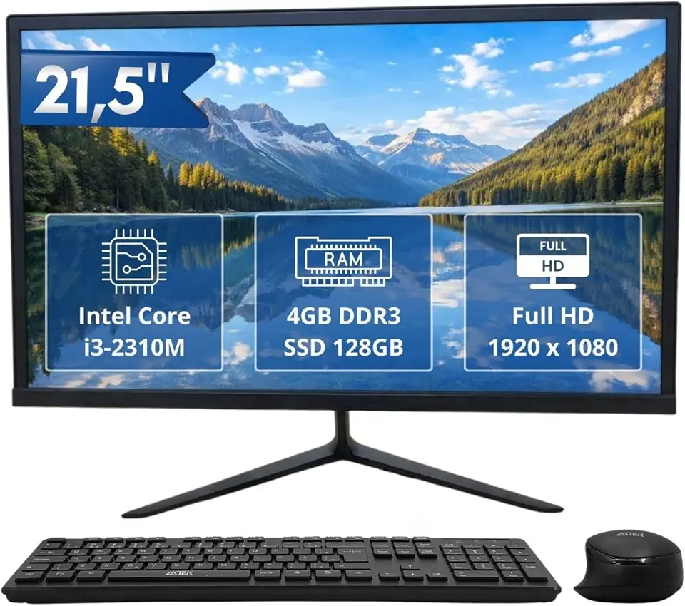 Computador All-in-One 21,5" Intel i3 2310M 4GB RAM SSD 128GB Completo com Teclado e Mouse Sem Fio, Full HD, Wi-Fi, Bluetooth, HDMI, para Home Office, Estudo e Escritório