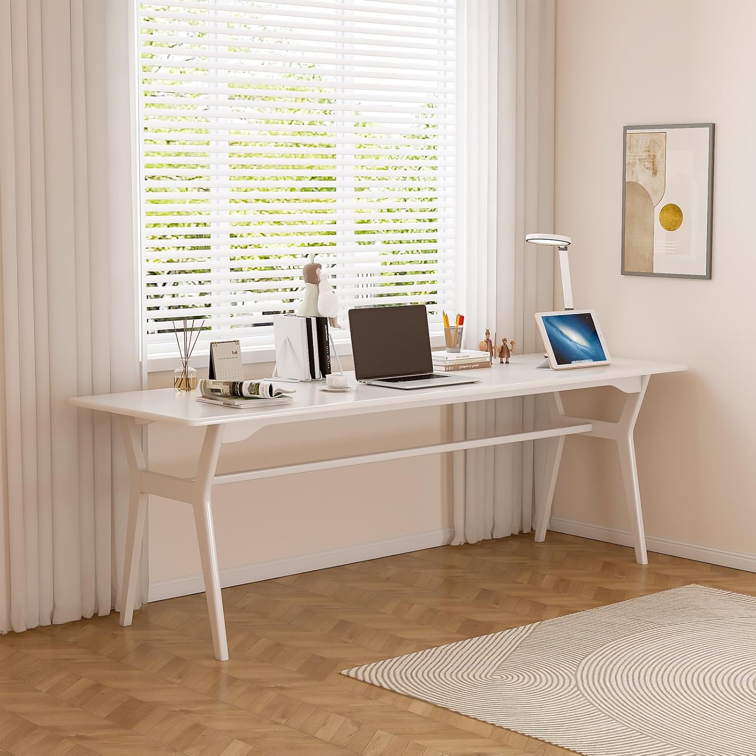 Solid Wood Study Desk - 78.8" Double Long Computer Table for Home Office, 2-Person PC Workstation, White