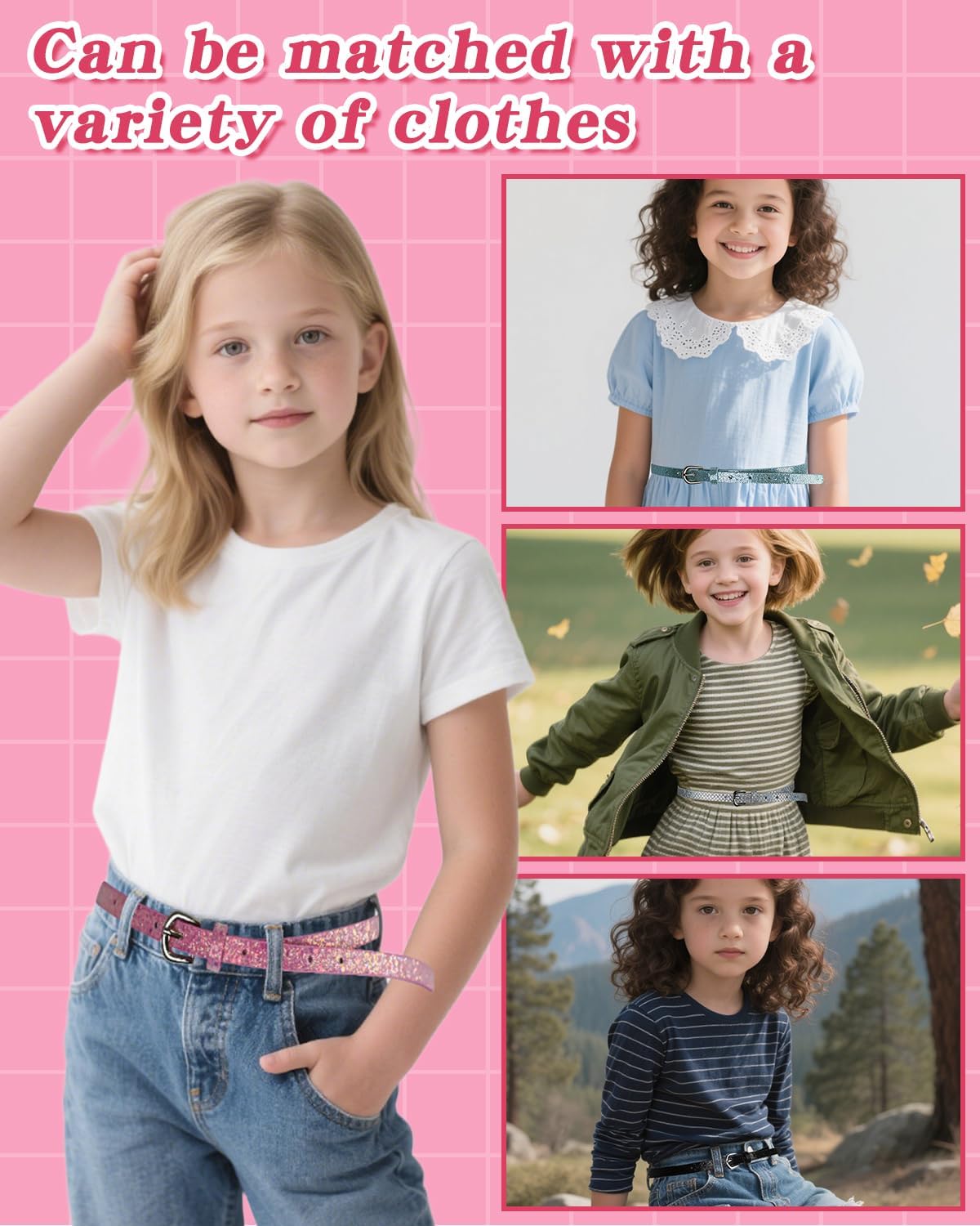 4 Pack Girls Belt Kids Glitter PU Leather Waist Belts, Shiny Belts Metal Buckle for Dress Pants Jeans - Image 7