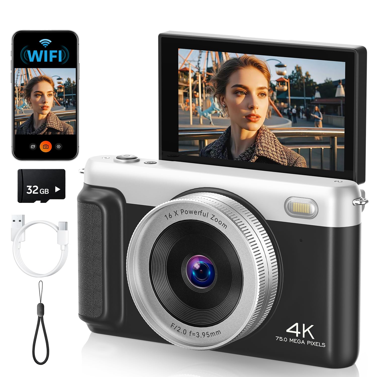 Digital Camera for Photography, 75MP 4K Vlogging Cameras, 16 x Zoom in Autofocus Camera with 3'' 180° Flip Screen, Portable Point and Shoot Digital Cameras for Beginners with 64 GB SD Card,Black-picture-13