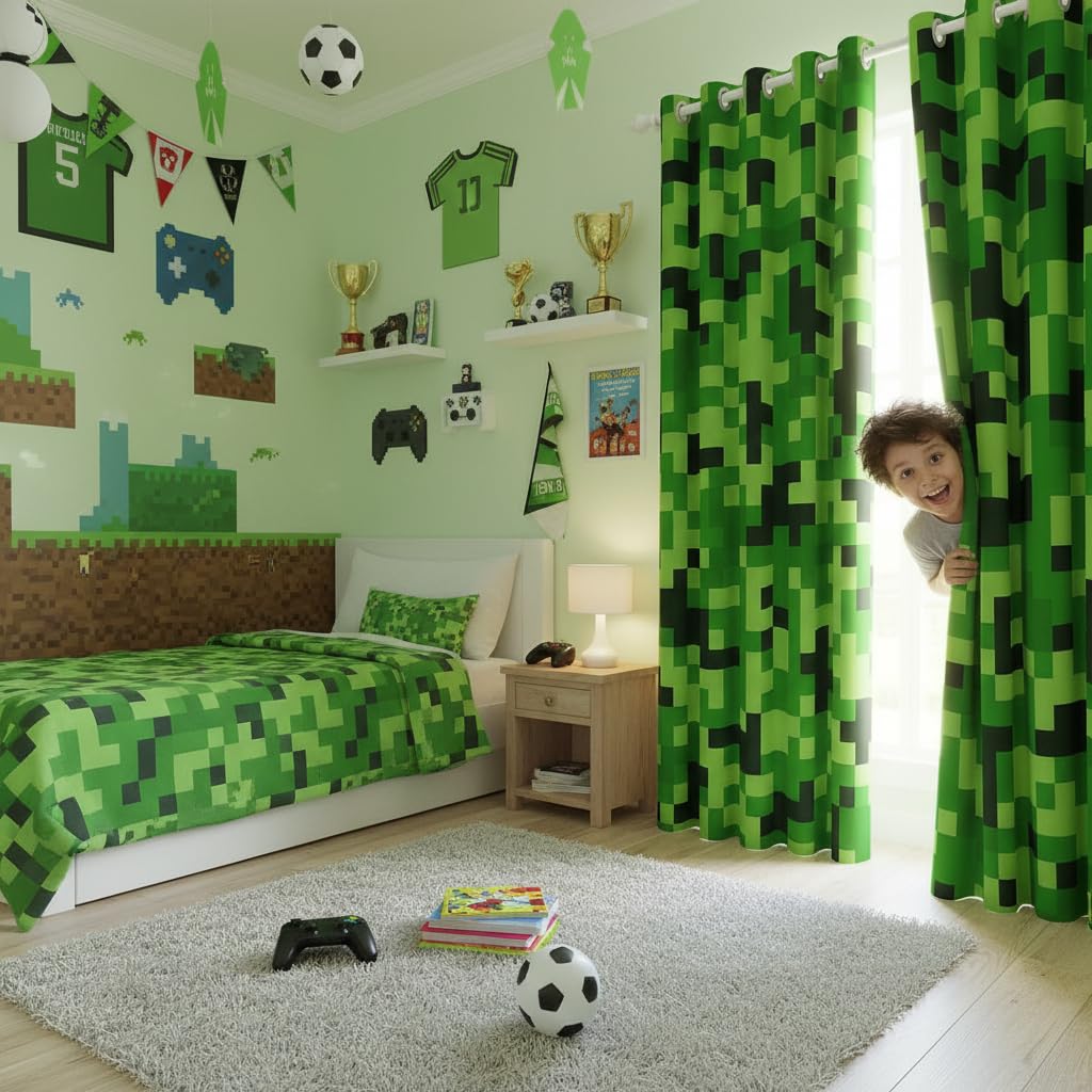 Grüne verpixelte Minenarbeiter-Vorhänge, Videospiele, Fenstervorhang, Kinder-, Jungen-, Mädchen-, Jugendzimmer-Dekor, Cartoon-Gamepad-Fensterbehandlungsvorhang, modern, geometrisch, kariert