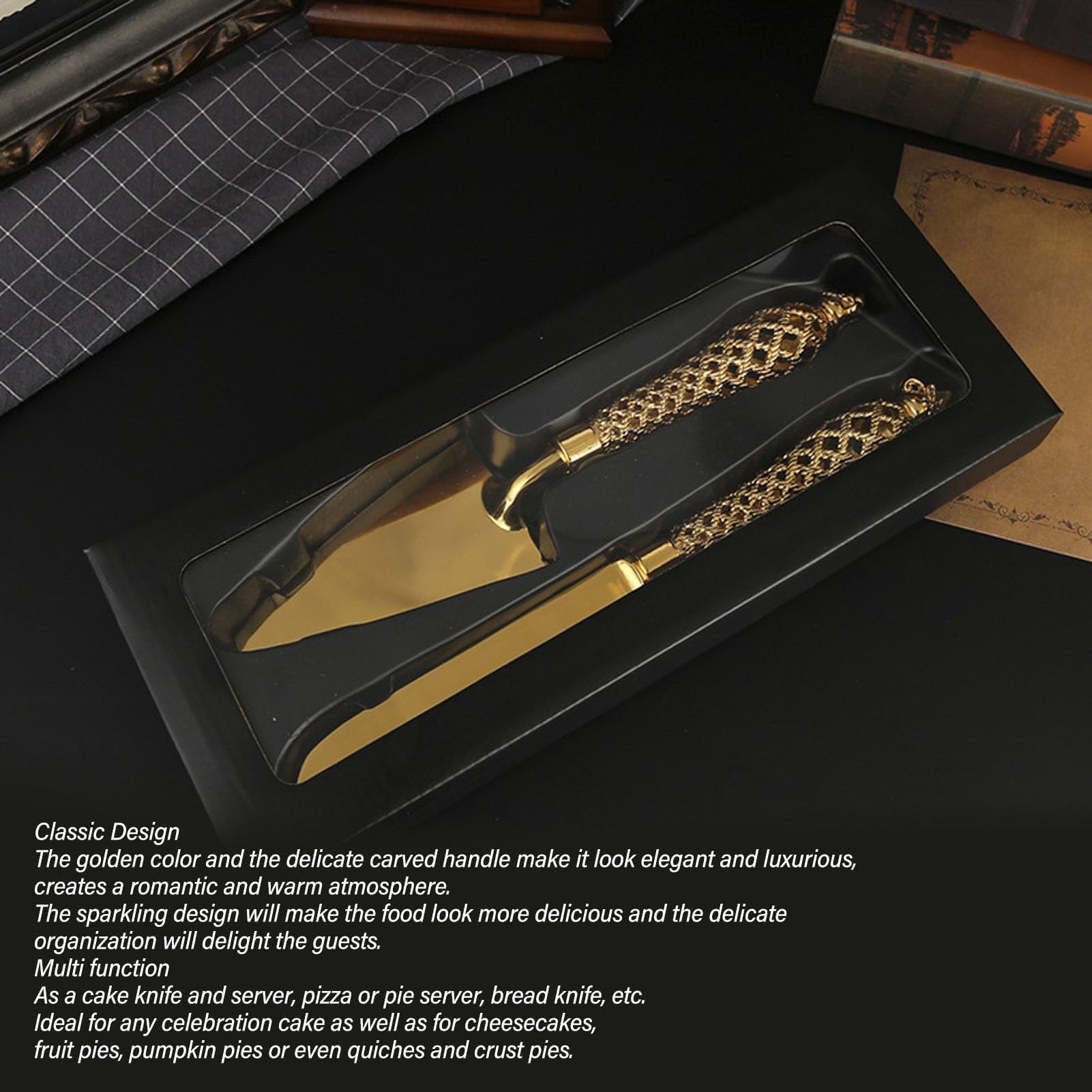 Z?oty Zestaw do Krojenia i Serwowania Ciasta, N¨®? i ?opatka do Tortu, Eleganckie Akcesoria Weselne, Komplet 2 Element¨®w