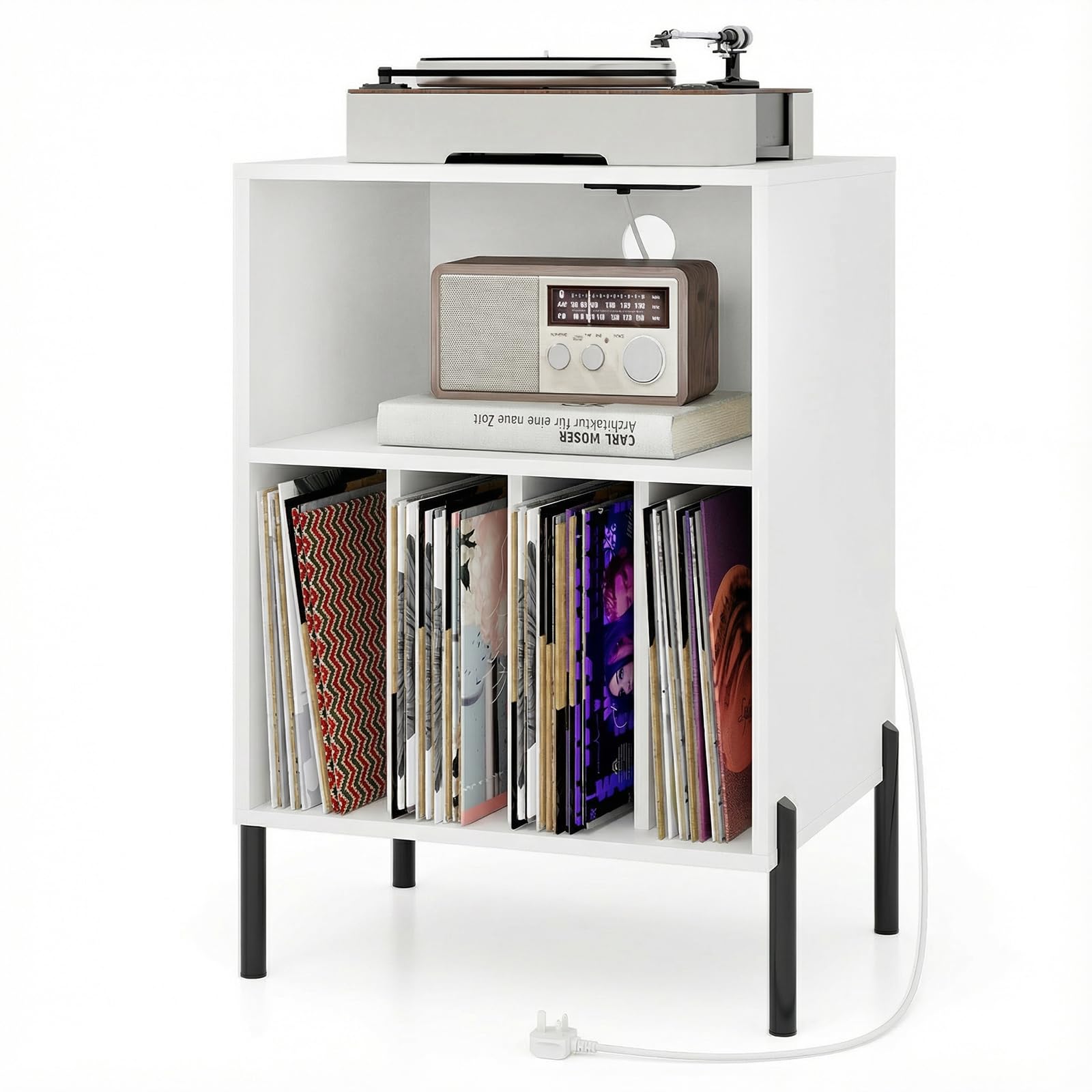 COSTWAY Record Player Stand with Charging Station, Turntable Stand End Side Table with 5 Shelves for 150 Albums, Metal Legs Vinyl Record Storage Cabinet Holder for Living Room Bedroom (White)