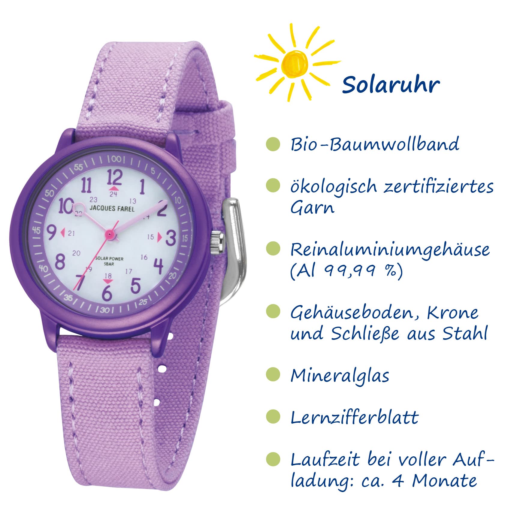 Jacques FAREL Solaruhr Lernuhr Öko Kinderarmbanduhr Mädchen Analog Quarz mit Textilarmband aus Bio-Baumwolle Lila Violett Nachhaltig ORSO 3110