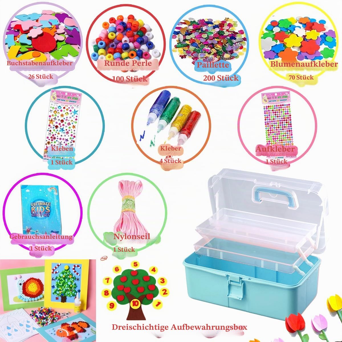 zycBernoi 2100+ Bastelset Kinder, Basteln Kinder Mädchen Jungen, Pfeifenreiniger Bunt Bastelkoffer Kinder, DIY Set für Kinder Zum Basteln und Dekorieren (Blau)