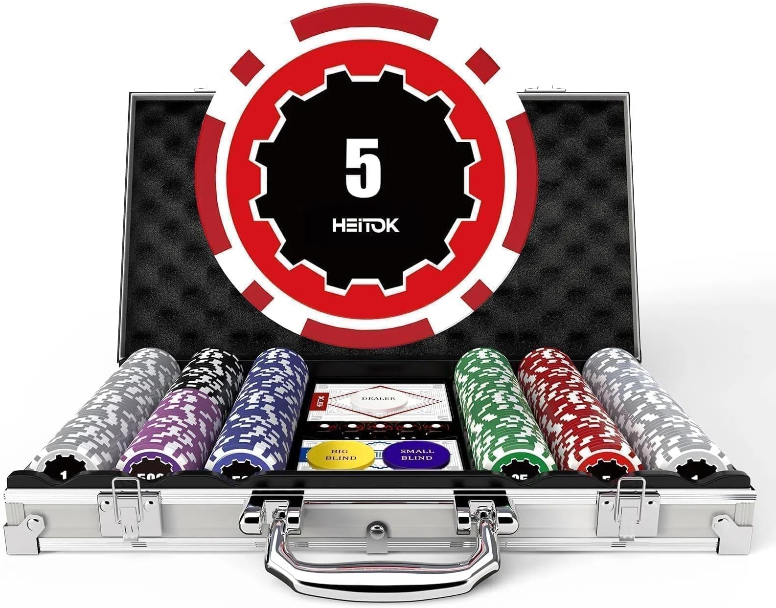 Poker Chips with Denominations, 300-pcs 11.5g Weighted Numbered Casino Chips Set, 5 Dice, 2 Decks with Compact Aluminum Case for Texas Hold'em, Blackjack, Age 8 and Plus
