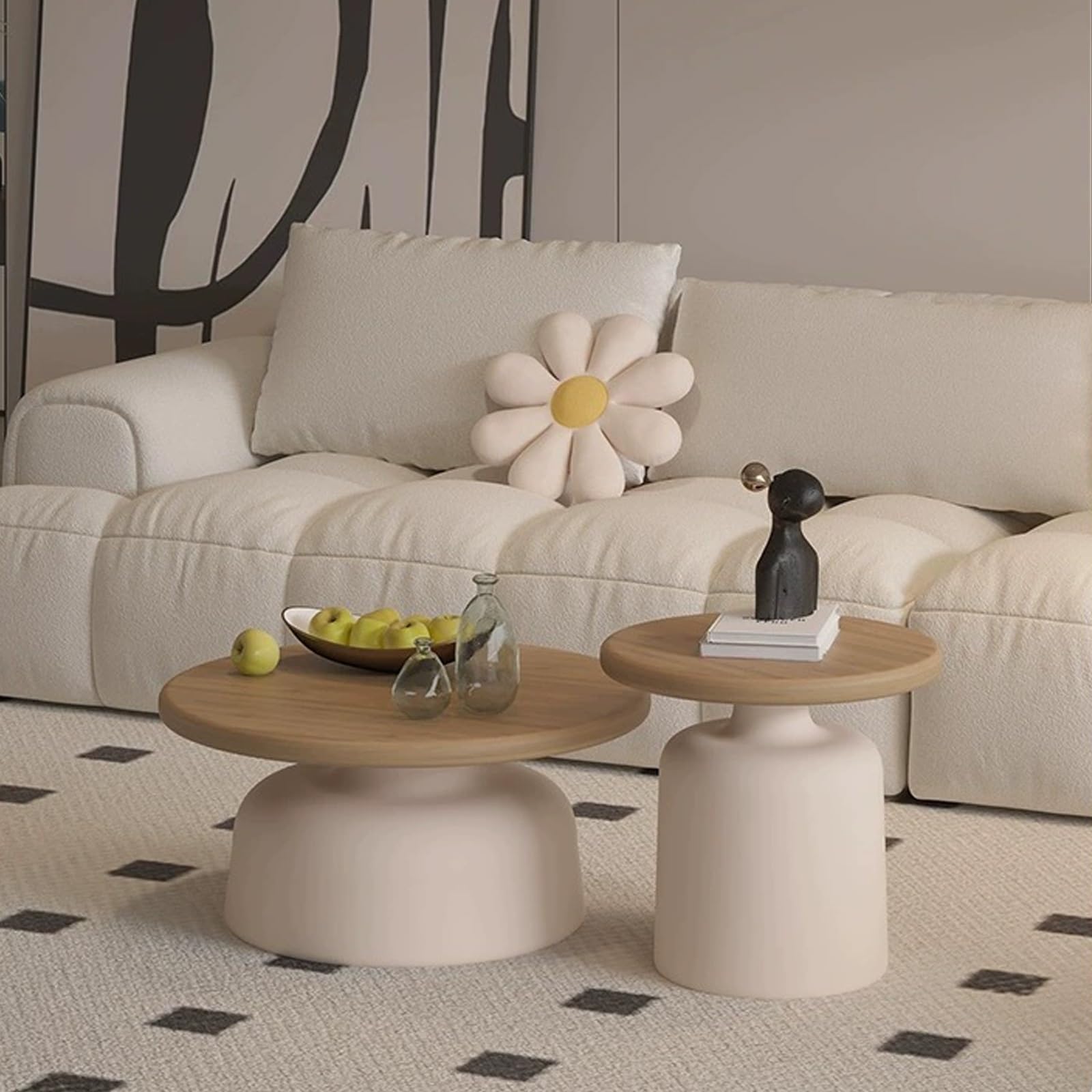 Table Basse Salon Ronde Blanche Crème - Ensemble 2 Tables (70 Cm + 50 Cm) - Style Minimaliste, Plateau Bois, Piètement Métal - 10
