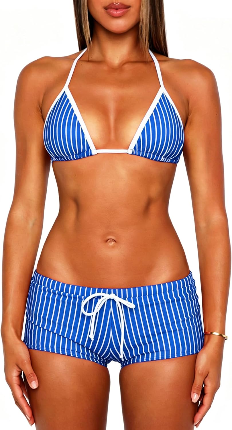 OZICERD Halter Triangle Bikini Sets for Women Striped String Bikini Tops Micro Shorts Bottoms 2 Piece Swimsuit Bathing Suits