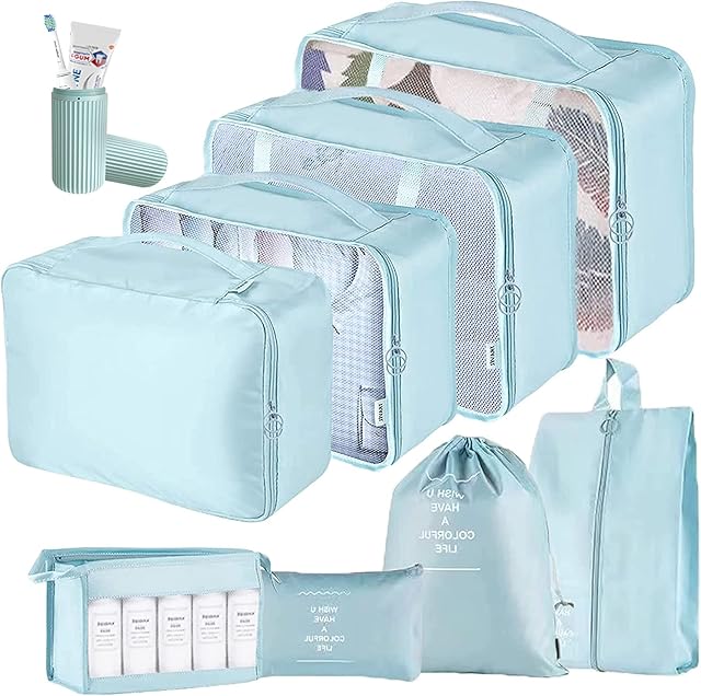 ZDKGER Packing Cubes for Suitcase,9 PCS Travel Luggage Packing Organizers Waterproof Travel Essentials Bag Clothes Shoes Cosmetics Toiletries Storage Bags(Blue)