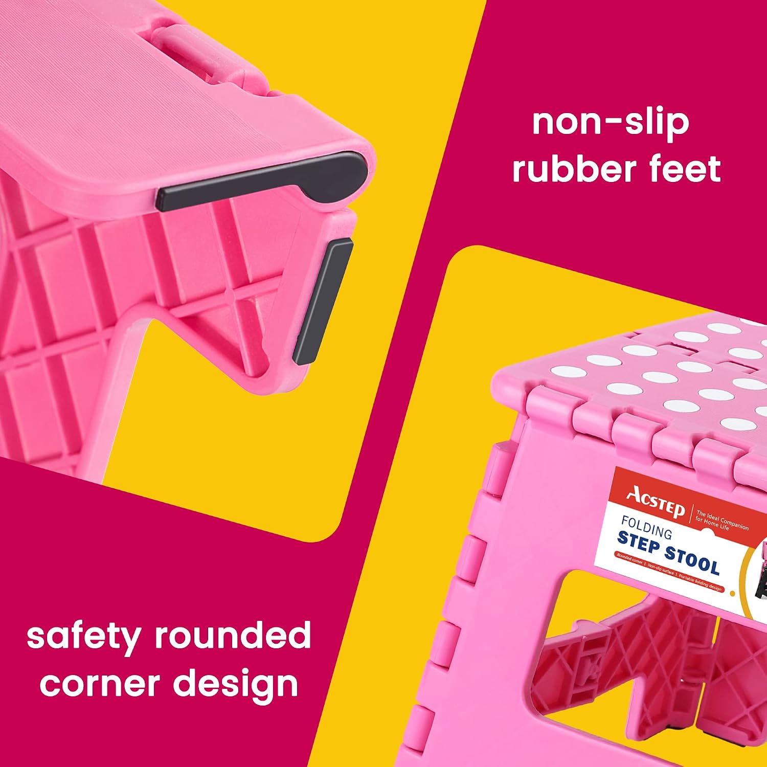 ACSTEP 9" Folding Step Stool for Kids, Holds 300 lb Foldable Stools, Pink