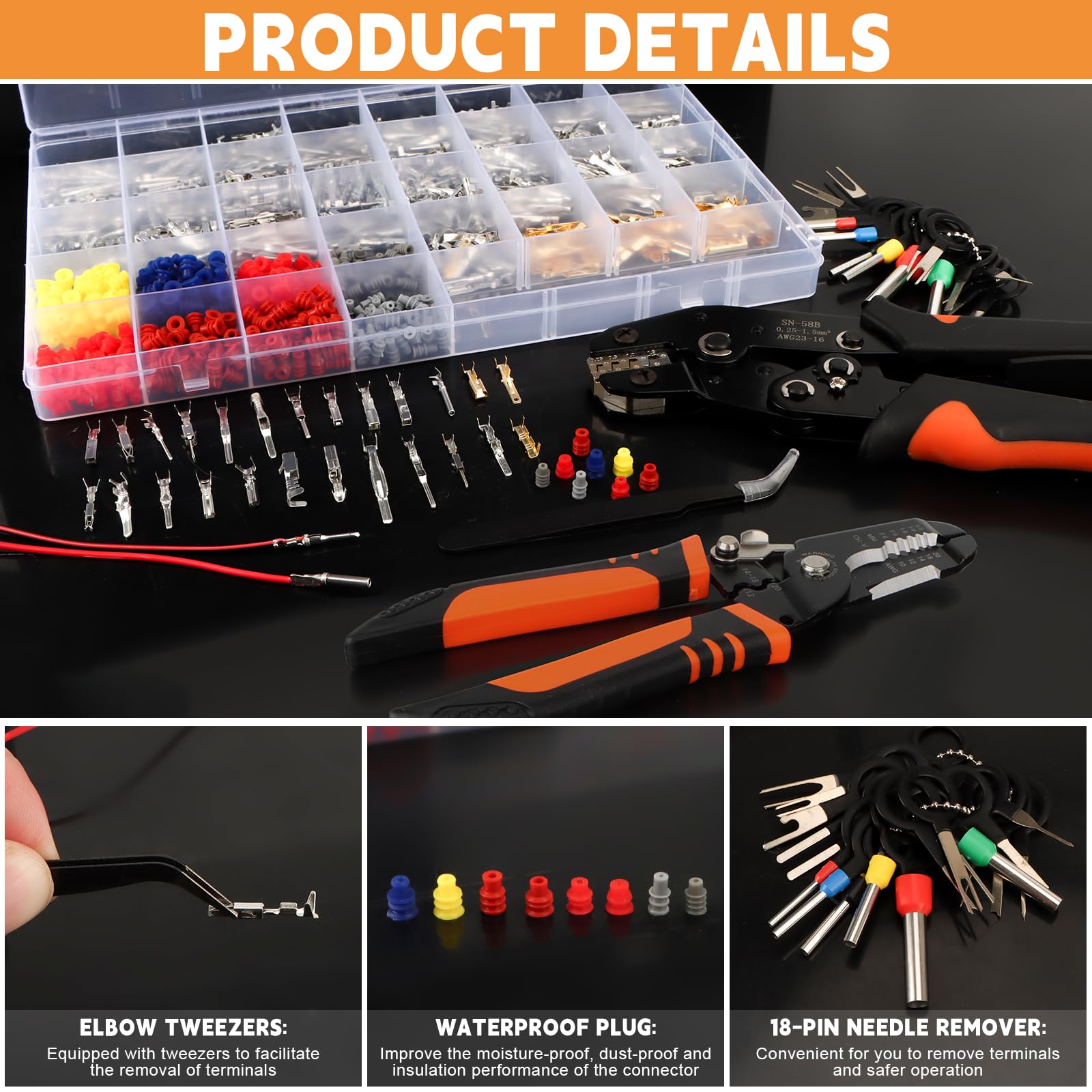 Kit connettori elettrici per auto 971 pezzi con crimpatrice SN-58B e spelafili, terminali 1,0–3,5 mm, tappi di tenuta e strumenti di estrazione
