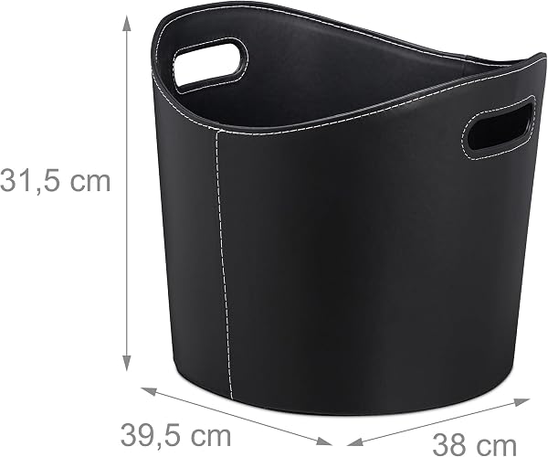 Relaxdays Cesta Leña con Asas, Leñero Interior, Cuero Sintético, 31,5 x 39,5 x 38 cm, Negro - 4