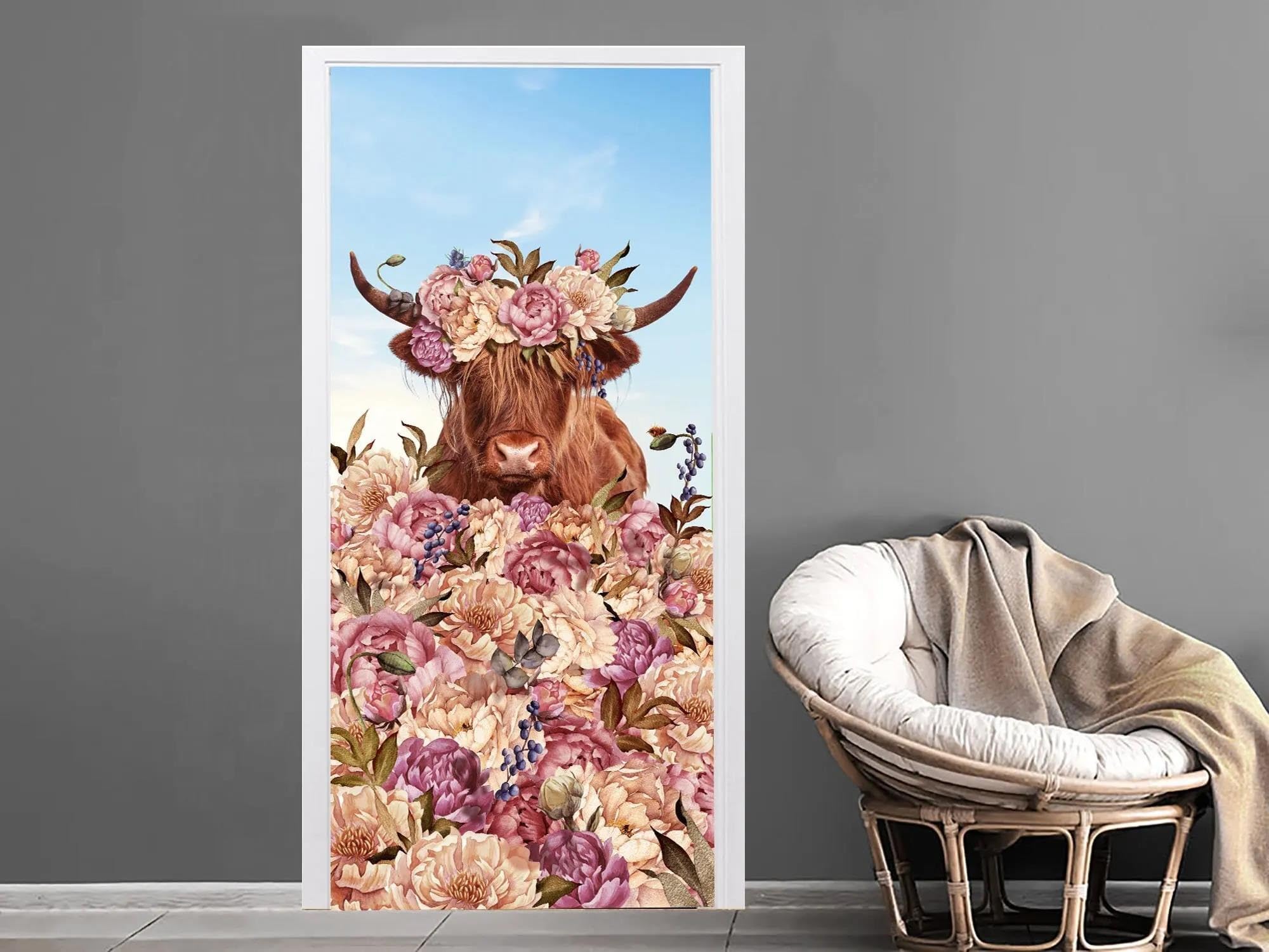 Autocollants porte vache Highland rénovation murale rapide 95x215