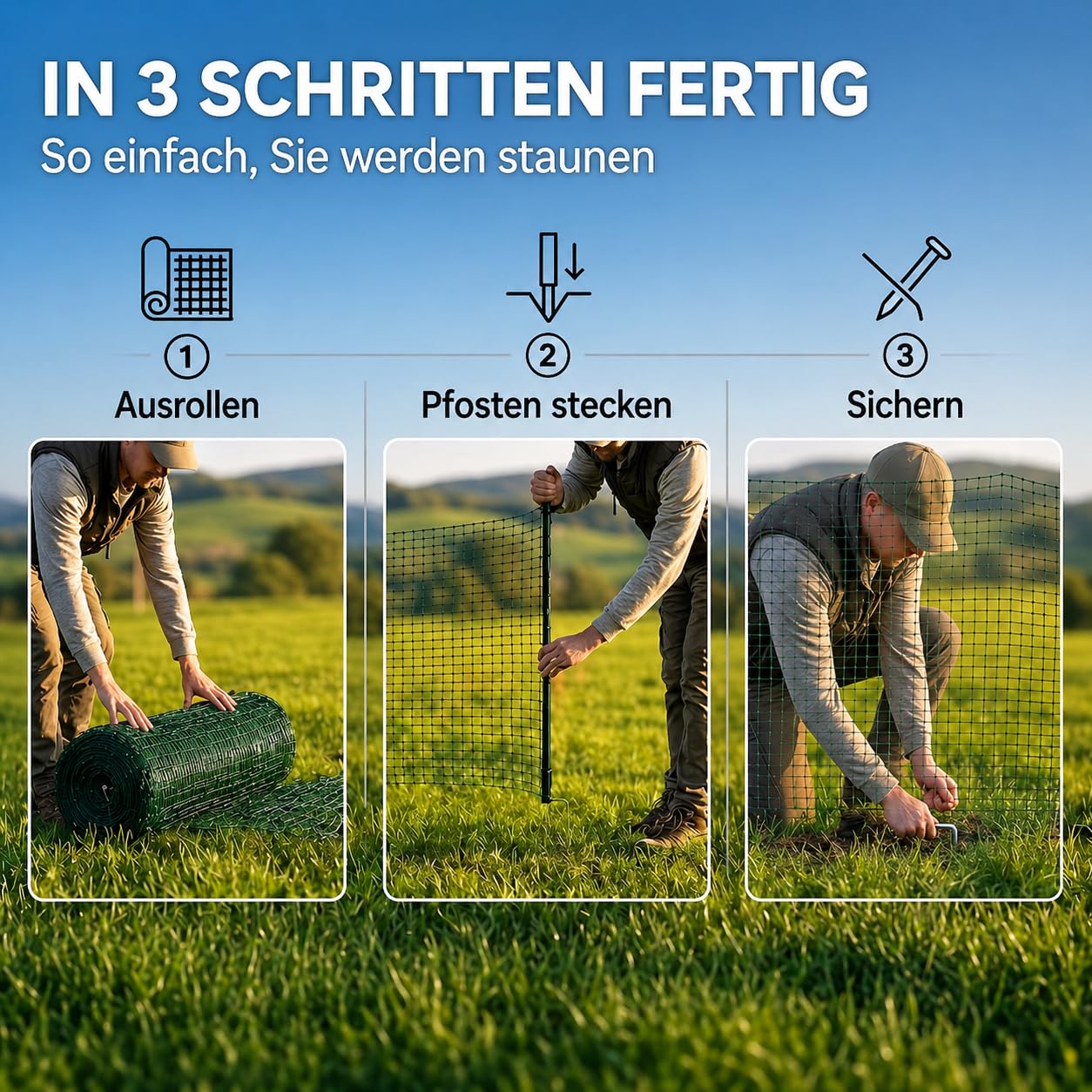 Mobiler Hundezaun 20m - Weidezaun ohne Strom - Campingzaun, Begrenzungszaun, Gartenzaun, Hühnerzaun, Schafzaun 90cm hoch mit Zubehör (20m)