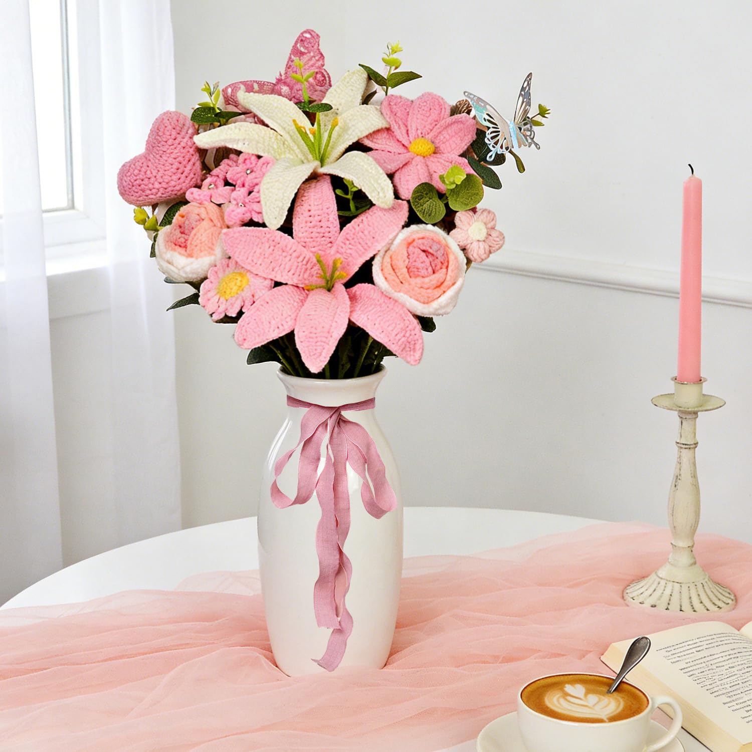 Blumenstrauß Gehäkelt, Lilie Rose Herz Blumen, Rosa