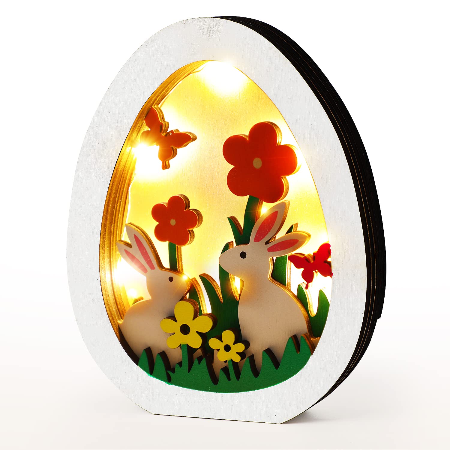 Lokipa Style 1 Easter Led Wooden Egg, Easter Wooden Egg Led Ornament, Wooden Egg Rabbit Crafts For Easter Home Decoration, 5*4.3*0.8Inch
