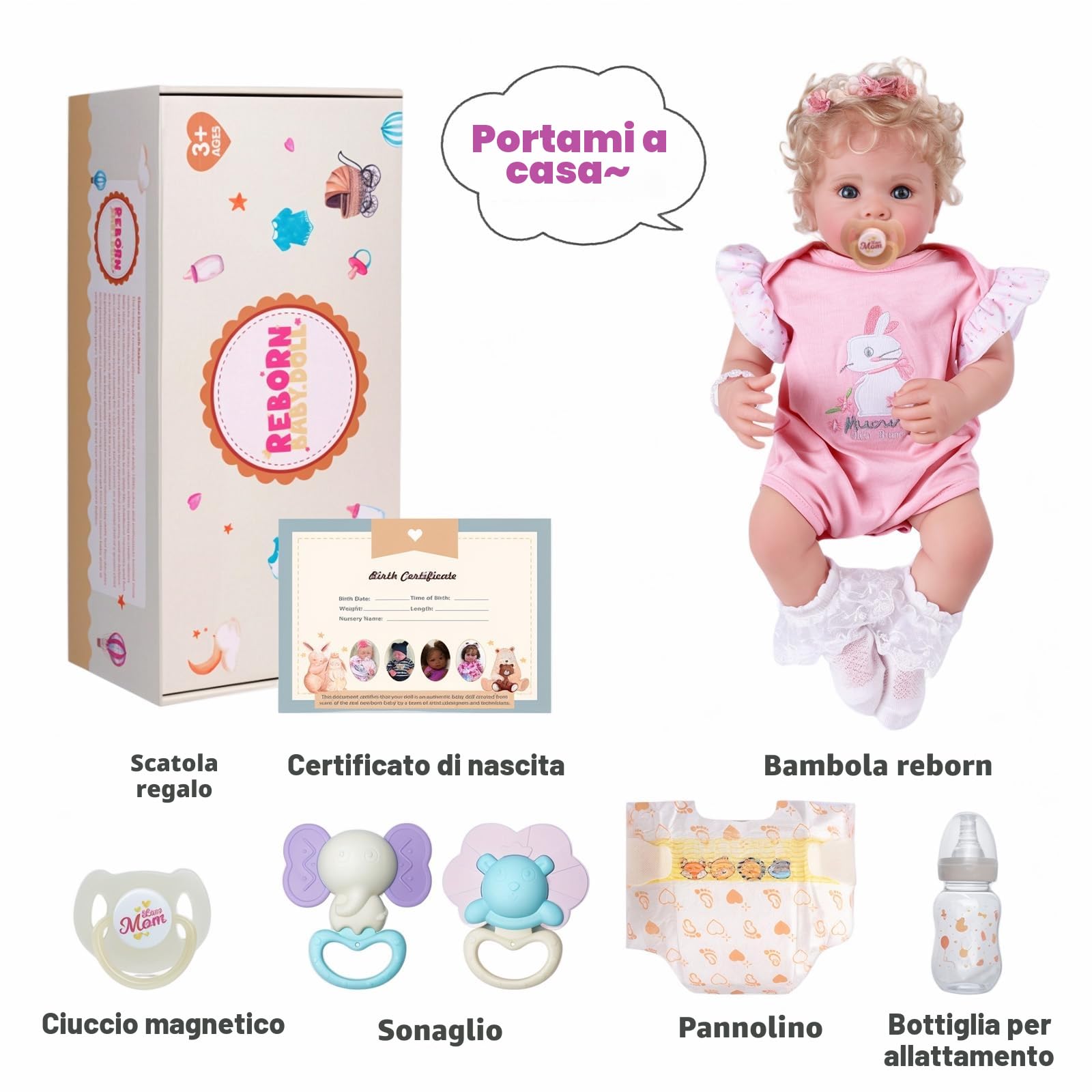 JIZHI Bambole Reborn Femmine 17 Pollici Realistica Capelli Radicati | Corpo Morbido in Tessuto, Occhi Apribili, Proporzioni Neonato, Regalo Giocattolo Adatto ai Bambini Oltre i 3 Anni