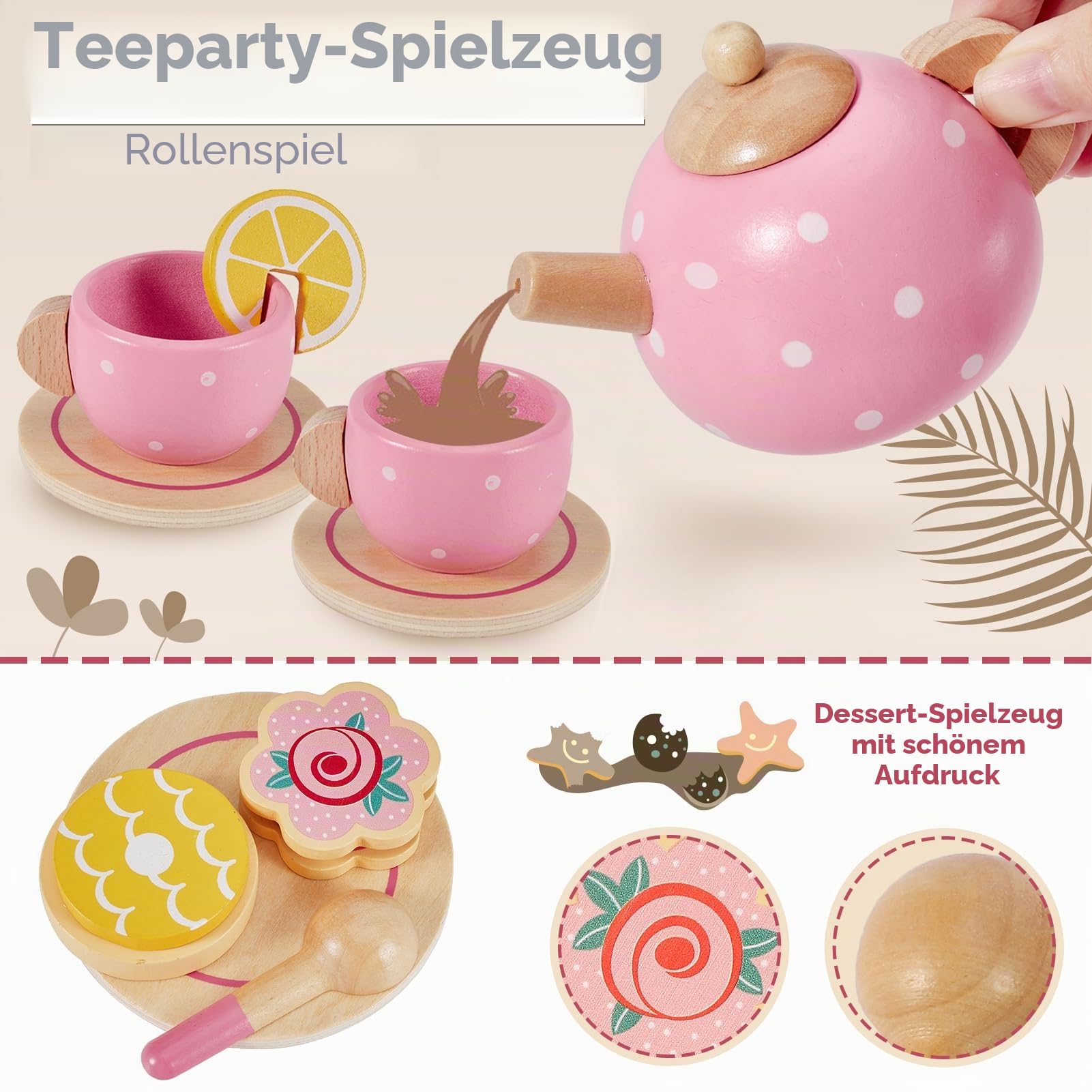 AOLEVA Teeservice Kinder Holz Spielküche Zubehör, Tee Set Teeparty Kinderküche Holzspielzeug Kindergeschirr Rollenspiele Geschenk für Kinder Mädchen Jungen, Rosa