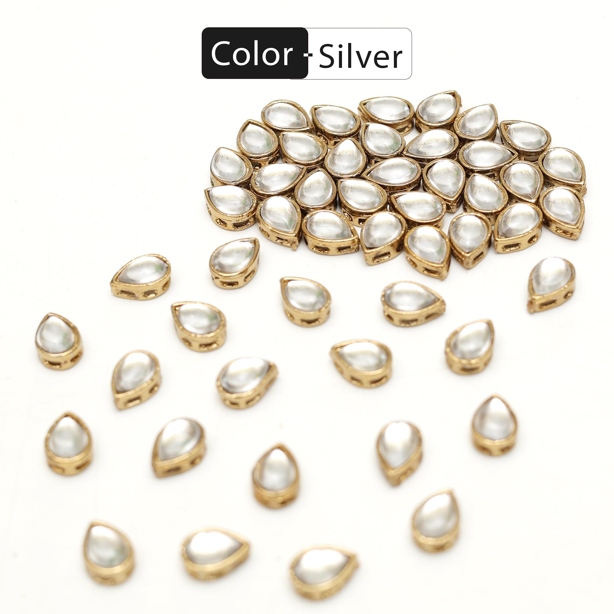 Embroiderymaterial Sew On Raised Kundan Stone/Rhinestone/Beads for Craft, Jewellery Making, Clothe Embellishment, Embroidery Work (50 Pieces, 10X12MM, Tear Drop Shape, Silver) 1